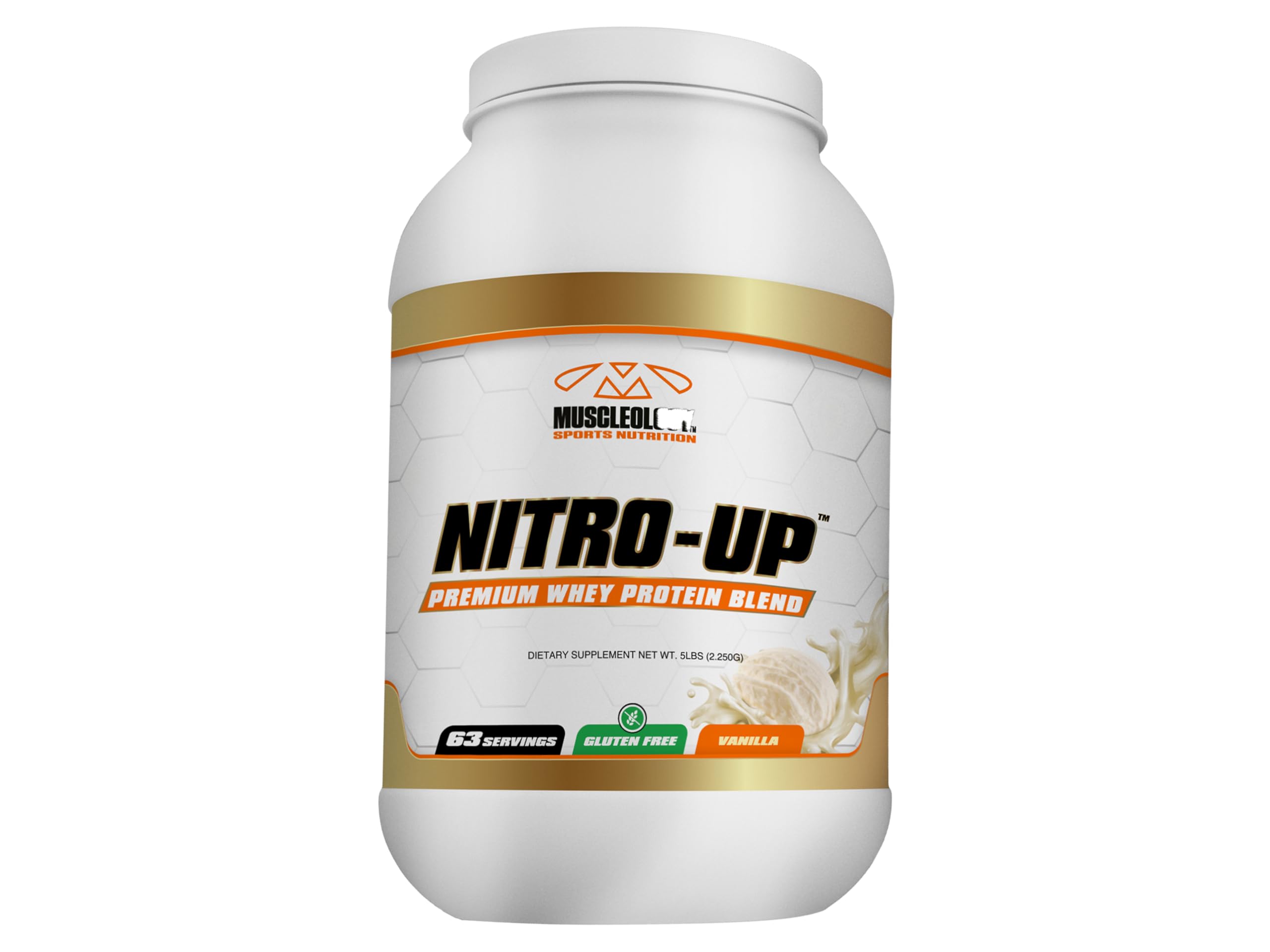 Color vainilla de MUSCLEOLOGY Nitro-Up invita a un batido delicioso.
