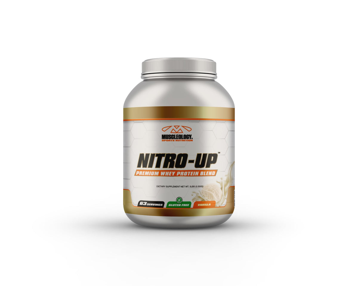 MUSCLEOLOGY Nitro-Up en empaque compacto para almacenamiento sencillo.