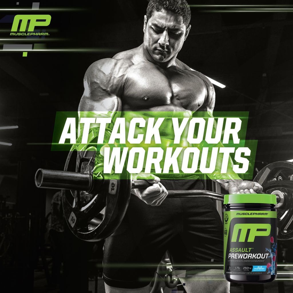 MusclePharm Assault empaque y etiqueta muestran certificaciones de seguridad y calidad