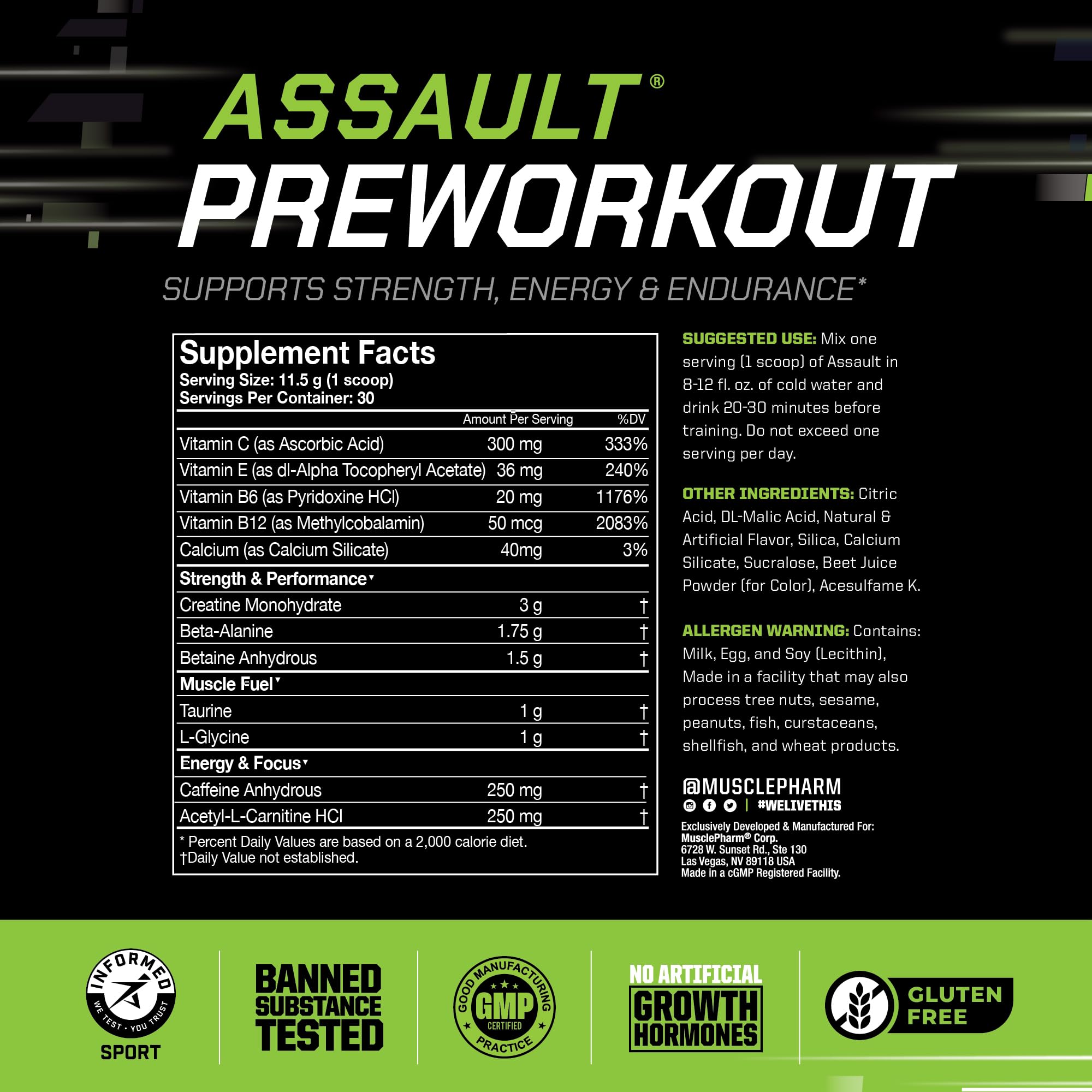 MusclePharm Assault: cafeína para enfoque y rendimiento en cada serie.