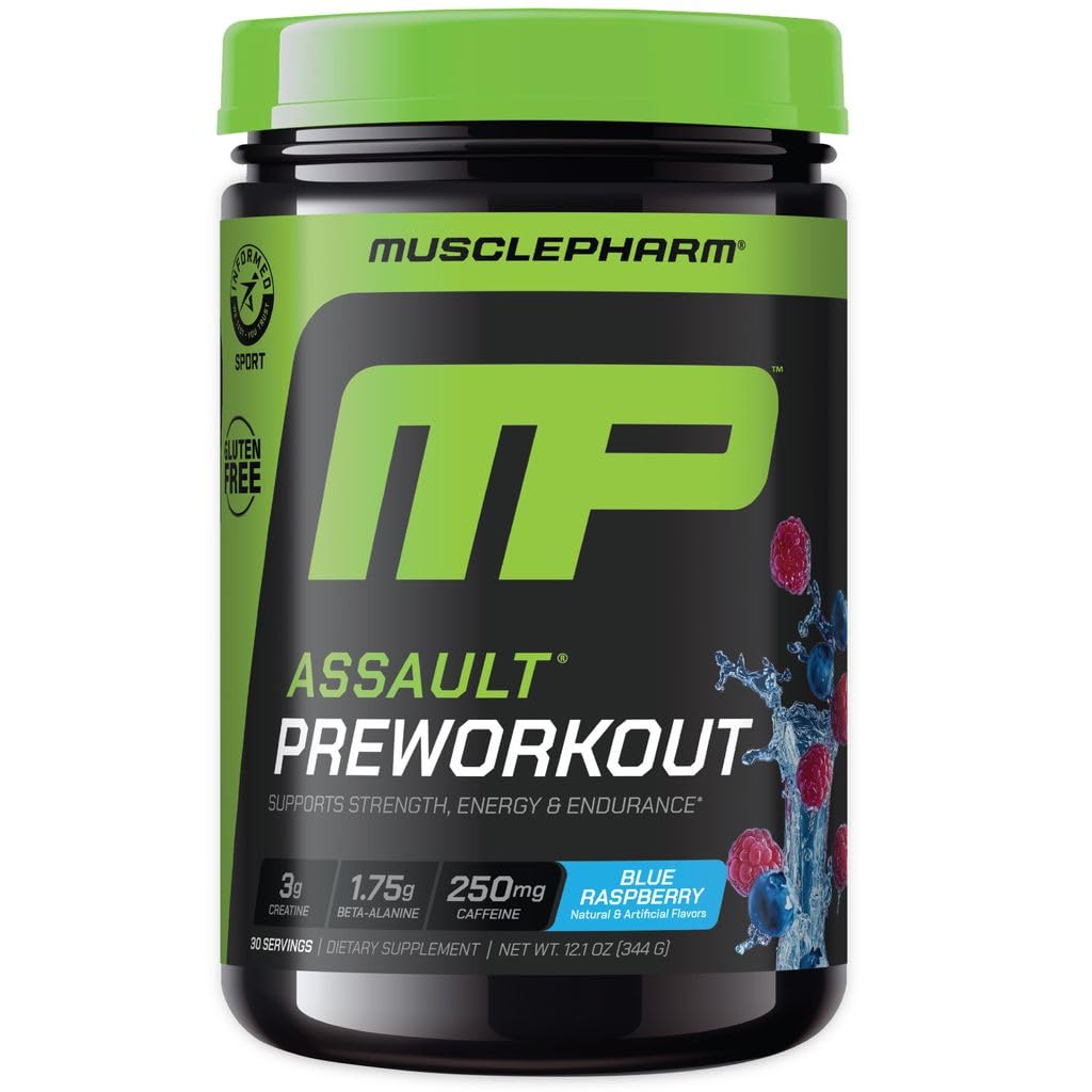 MusclePharm Assault polvo preentrenamiento en envase de 30 porciones para mayor resistencia