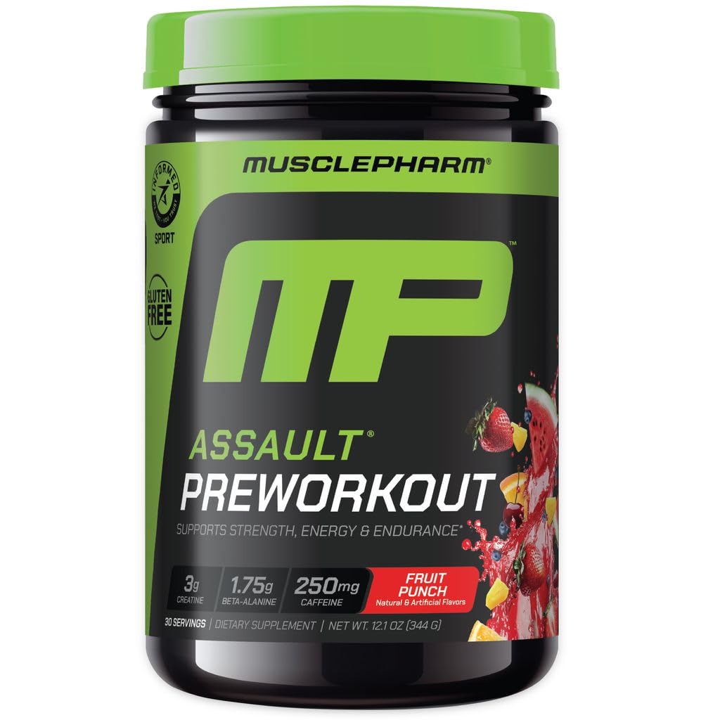 MusclePharm Assault frente del envase, sabor Fruta Punch para entrenamiento intenso