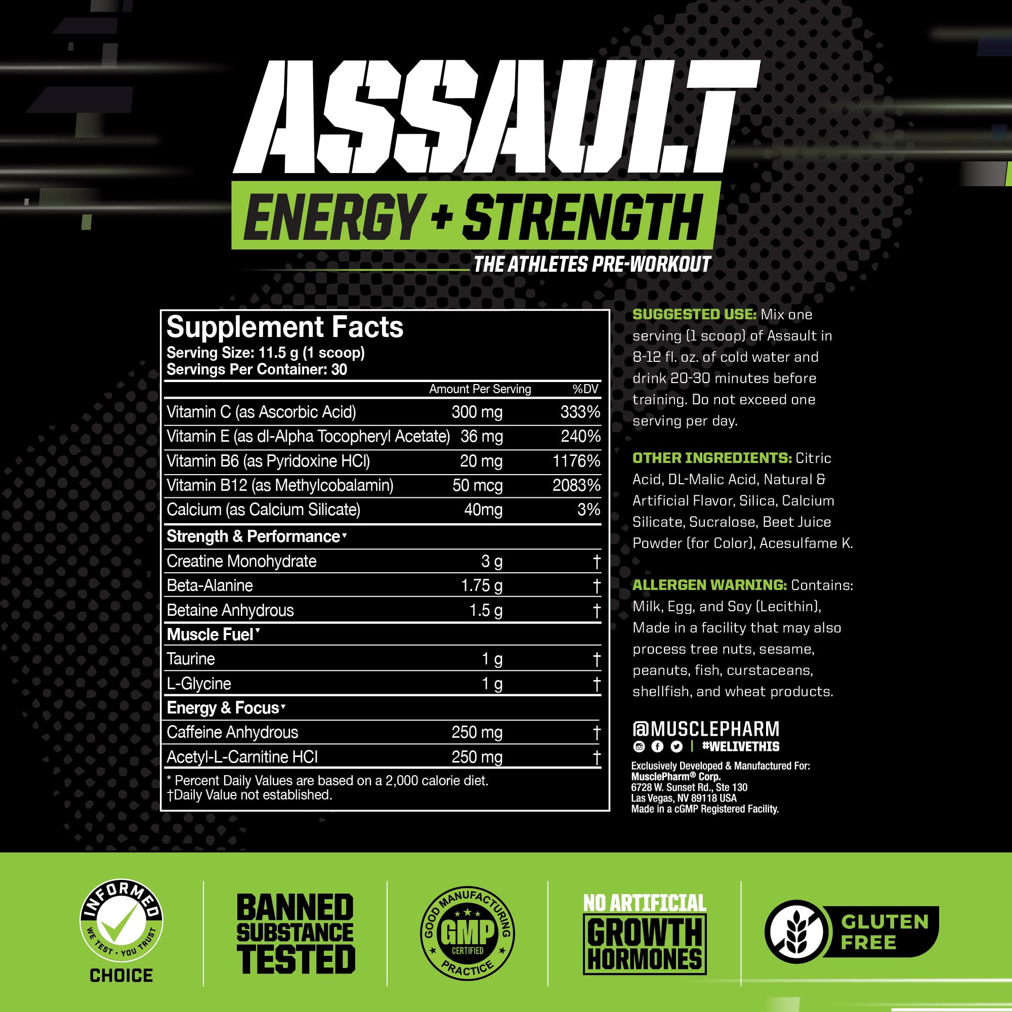 MusclePharm Assault, pre-entrenamiento en agua fría ofrece energía sostenida.