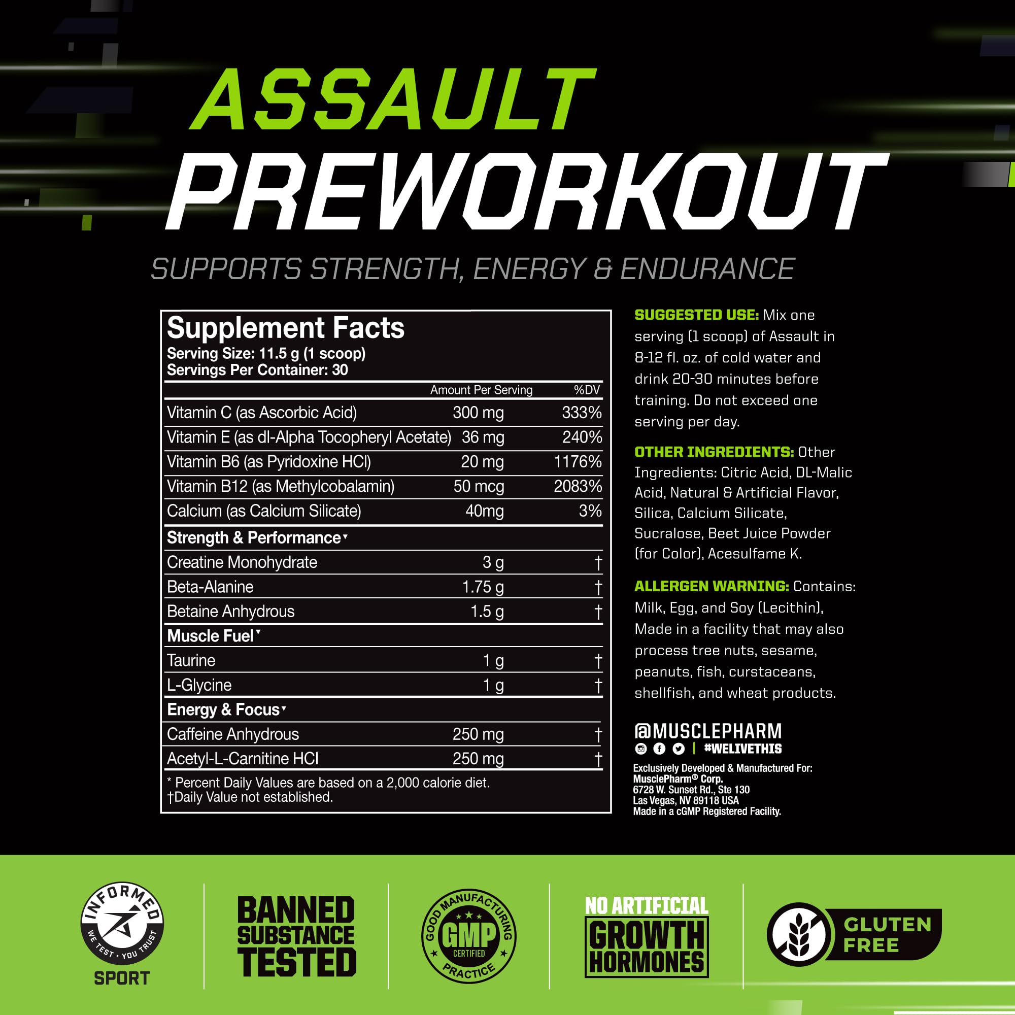 MusclePharm Assault, pre-entreno mezclado en vaso para sesión poderosa