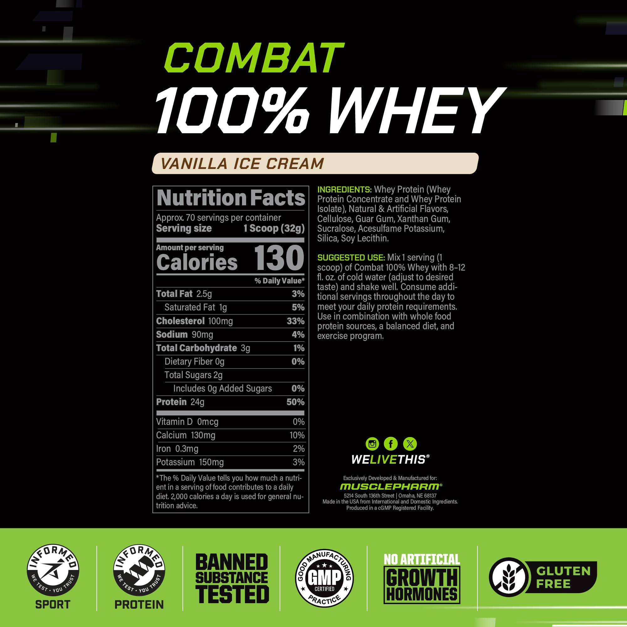 Batido de MusclePharm Combat 100% proteína de suero vainilla en vaso, sabor agradable
