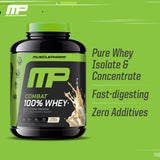 Etiqueta de MusclePharm Combat 100% proteína de suero vainilla con certificaciones de calidad