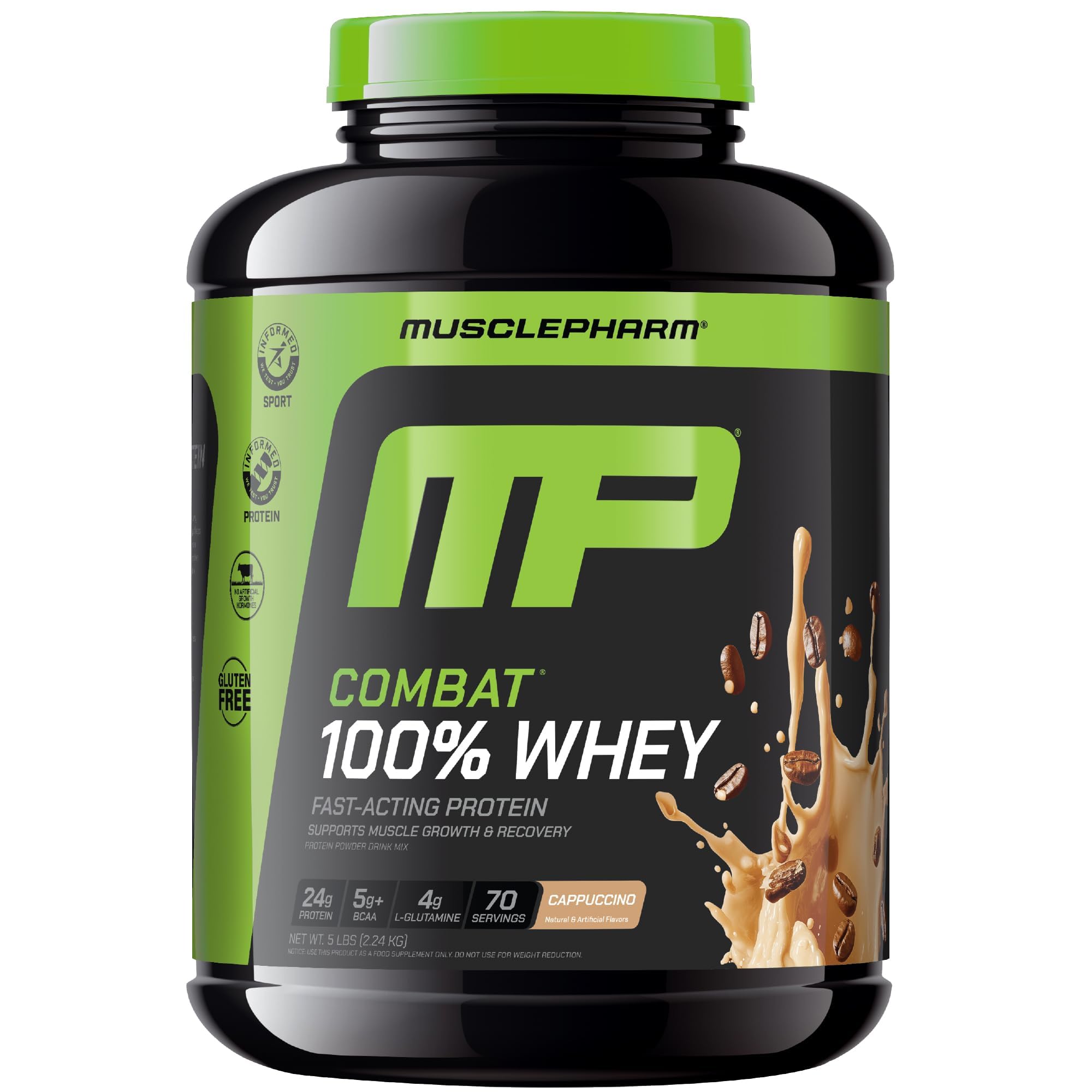 MusclePharm Combat 100% Whey en envase Cappuccino, ideal para recuperación rápida.