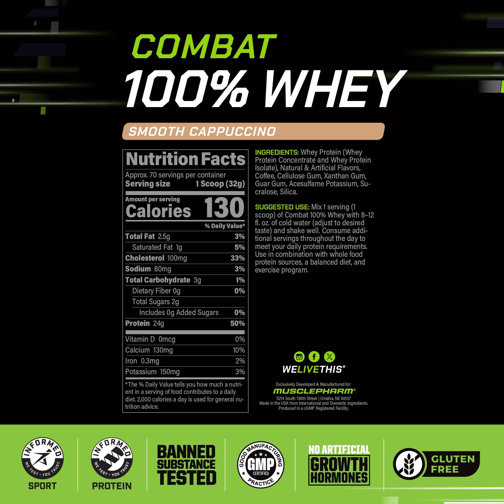 Etiqueta de MusclePharm Combat 100% Whey destacando su perfil proteico para uso diario.