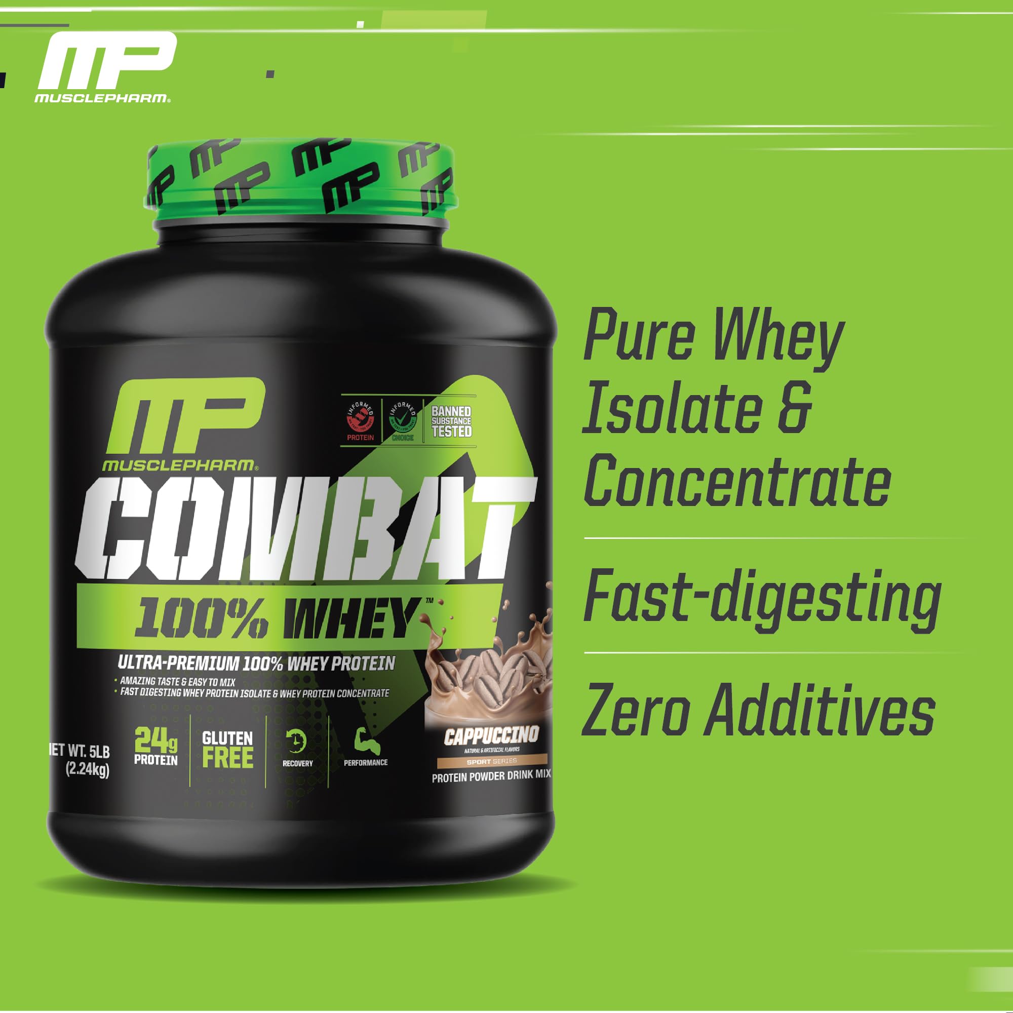 Mezcla cremosa de MusclePharm Combat 100% Whey Cappuccino para batidos suaves.
