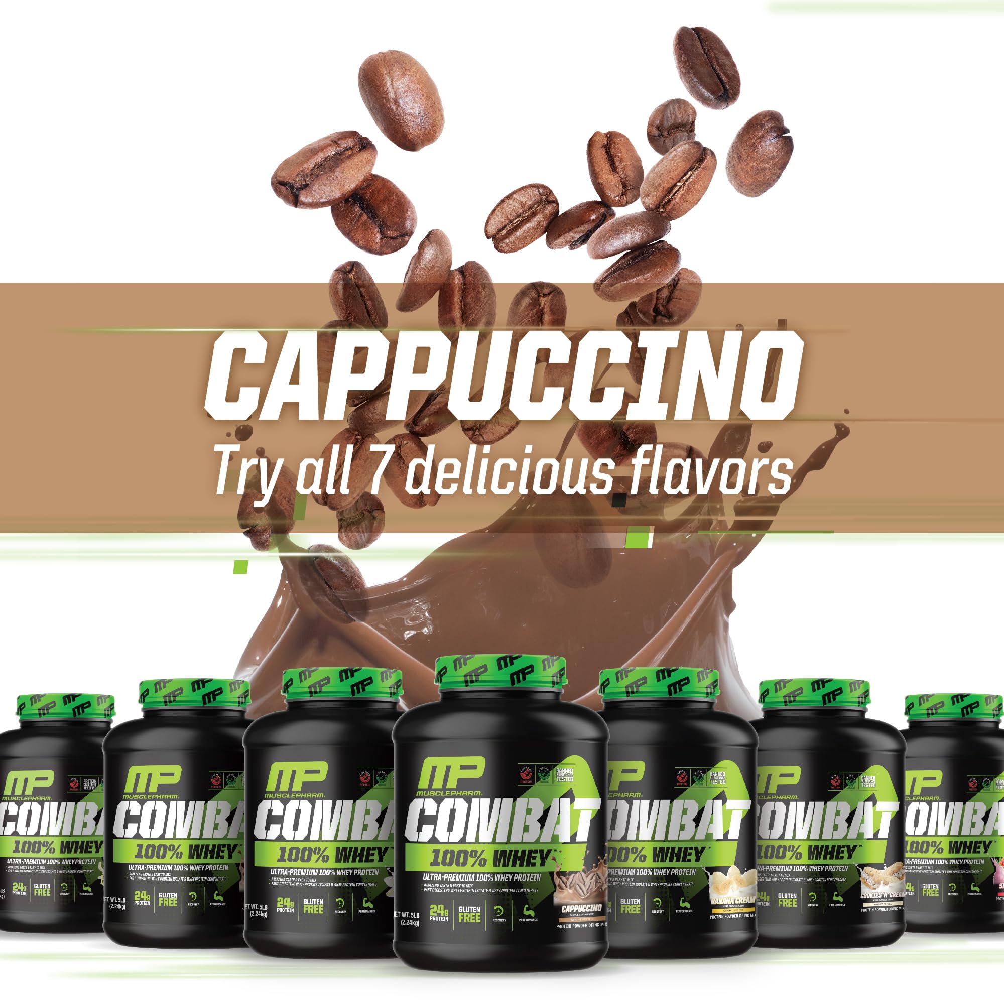 Producto sin gluten de MusclePharm Combat 100% Whey para dietas específicas.