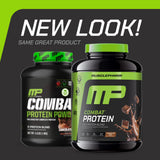 Batido de MusclePharm Combat Protein en vaso, sabor chocolate para entrenamientos.