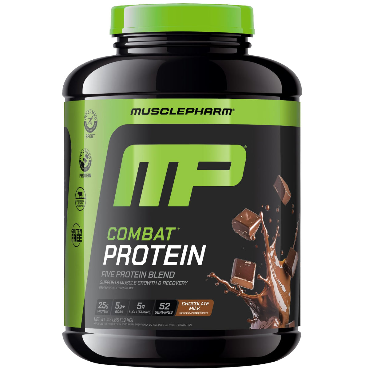 MusclePharm Combat Protein en frasco con sabor chocolate con leche para entrenamientos.