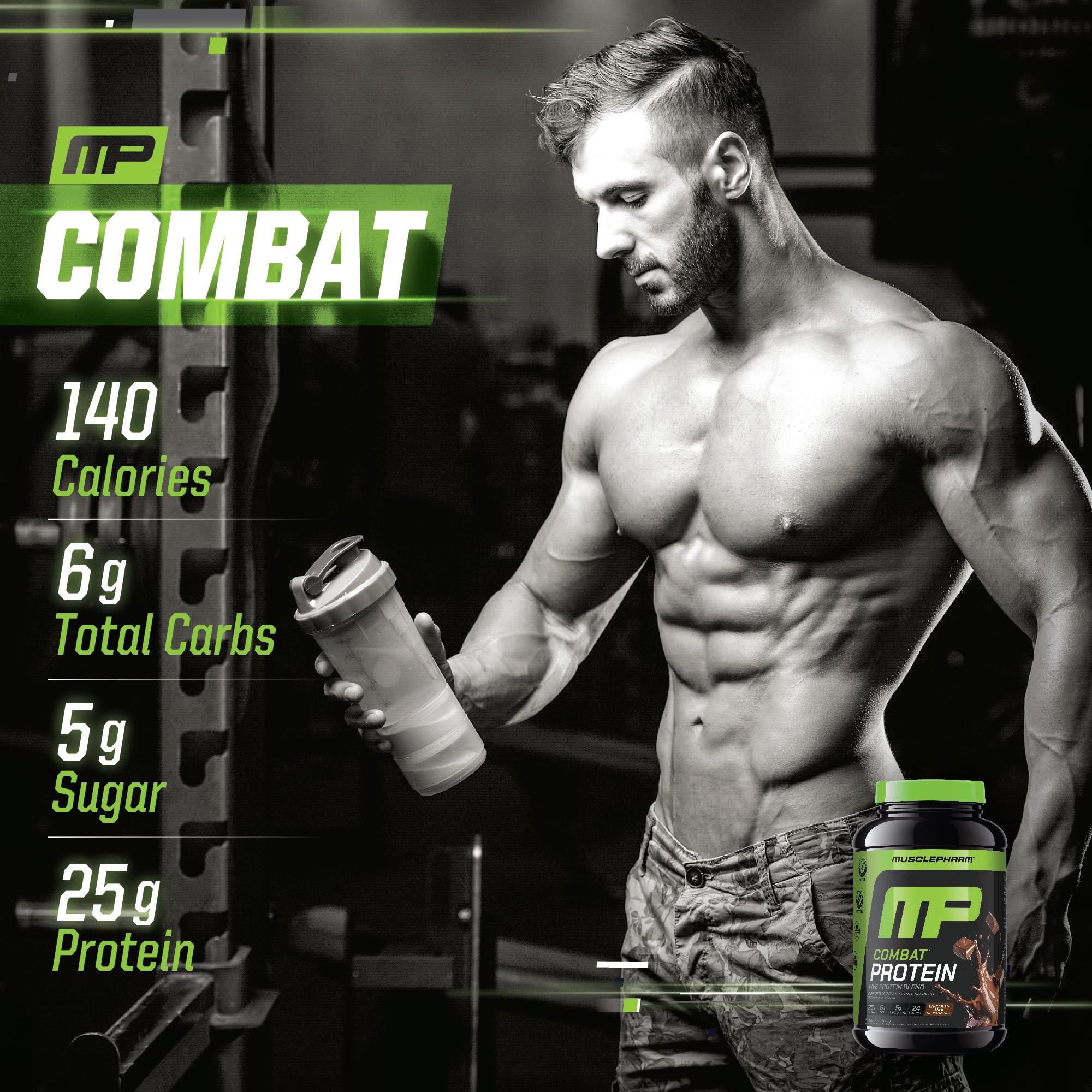 MusclePharm Combat Protein Chocolate Taza de medición para porciones precisas.
