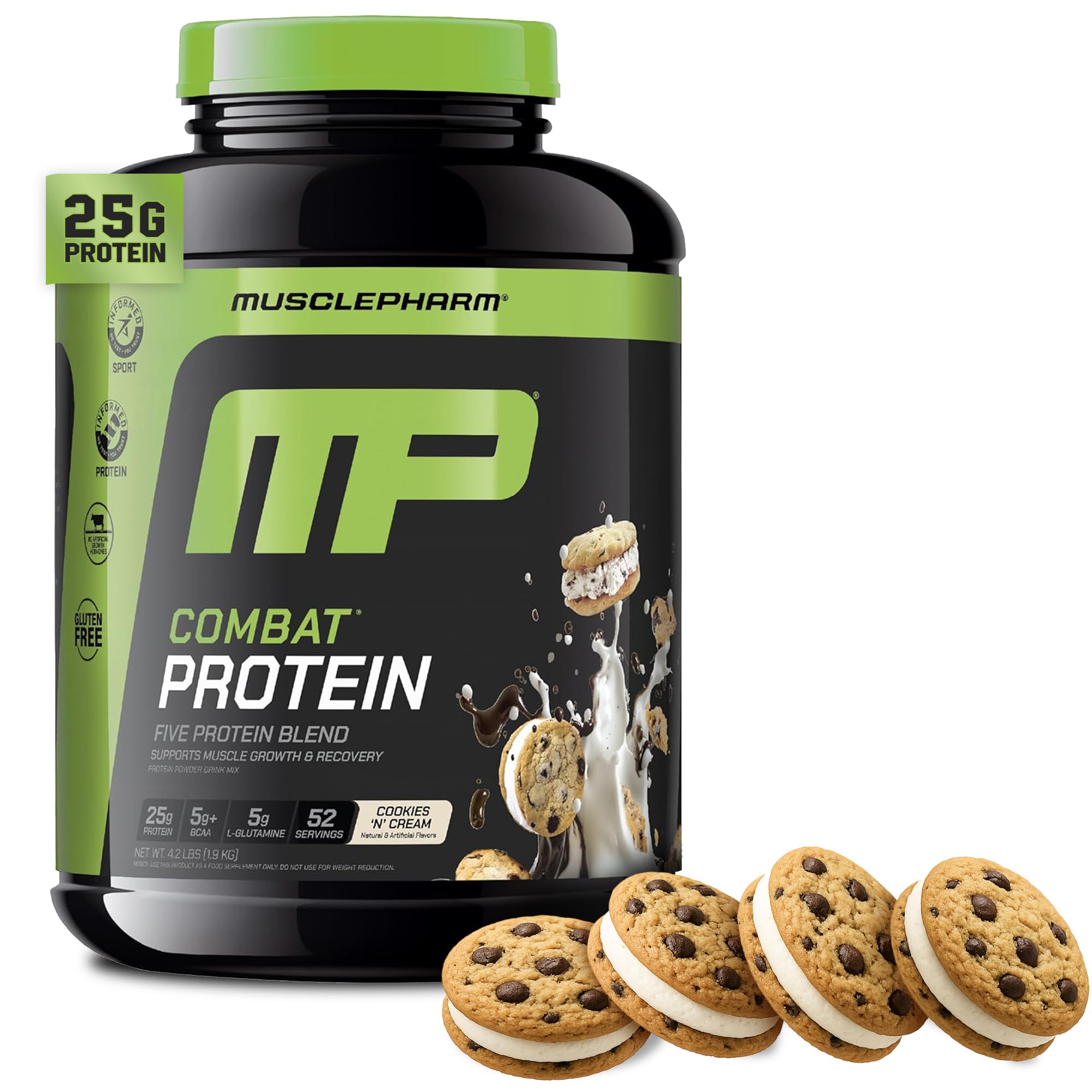 MusclePharm Combat Protein Cookies N Cream en botella, ideal para batidos post-entrenamiento