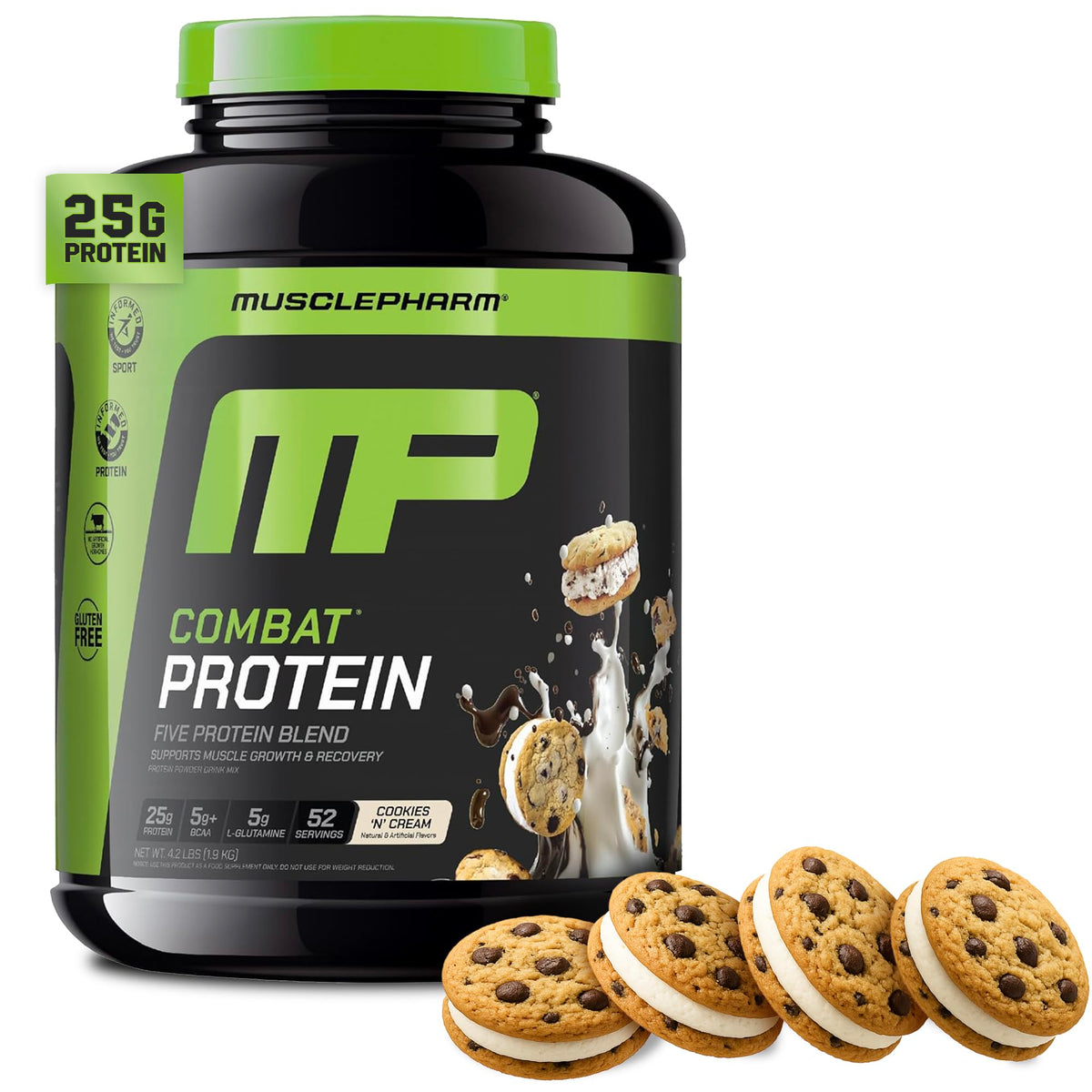 MusclePharm Combat Protein Cookies N Cream en botella, ideal para batidos post-entrenamiento