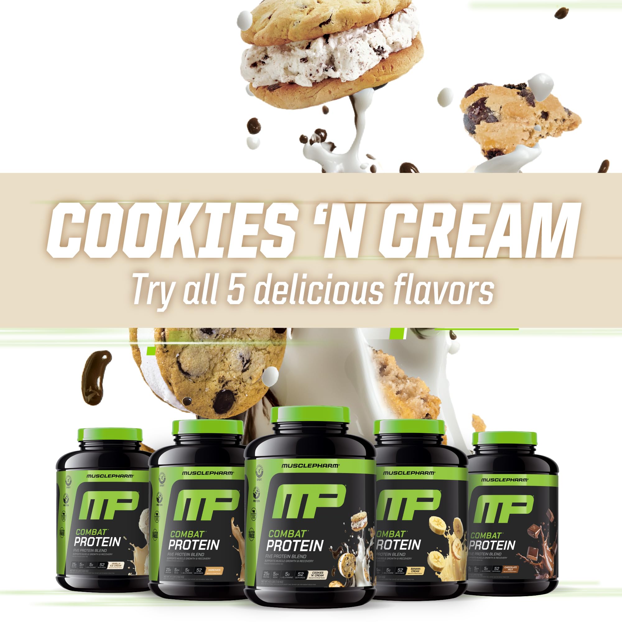 MusclePharm Combat Protein Cookies N Cream con 5 fuentes proteicas para un perfil sólido