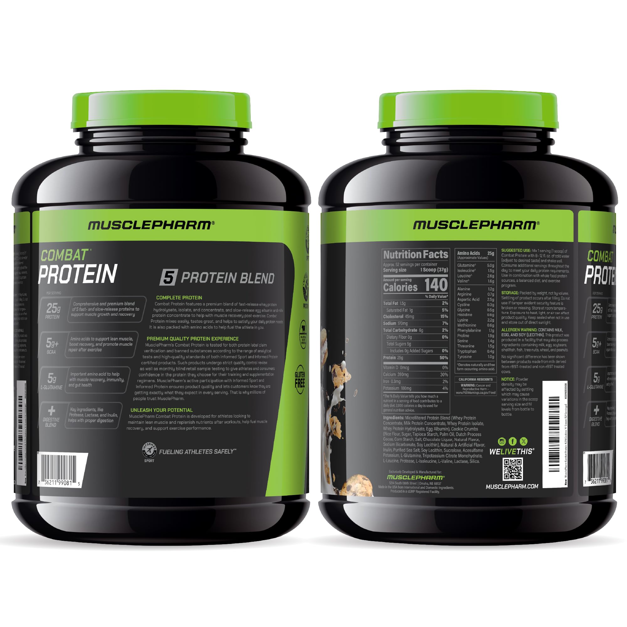 MusclePharm Combat Protein Cookies N Cream con aminoácidos para apoyar el rendimiento