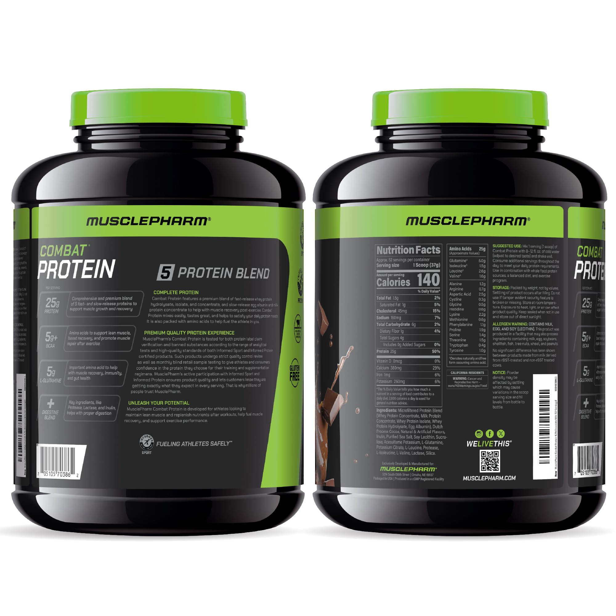 Empaque compacto de MusclePharm Combat Protein para almacenamiento fácil.
