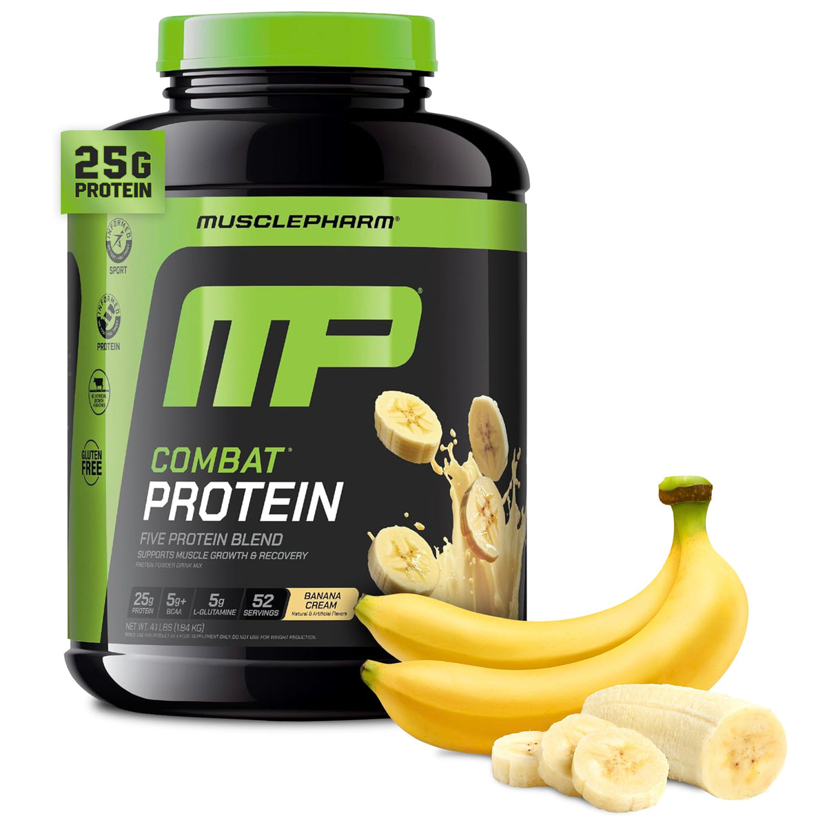 Envase de MusclePharm Combat Protein con etiqueta clara y calidad garantizada.