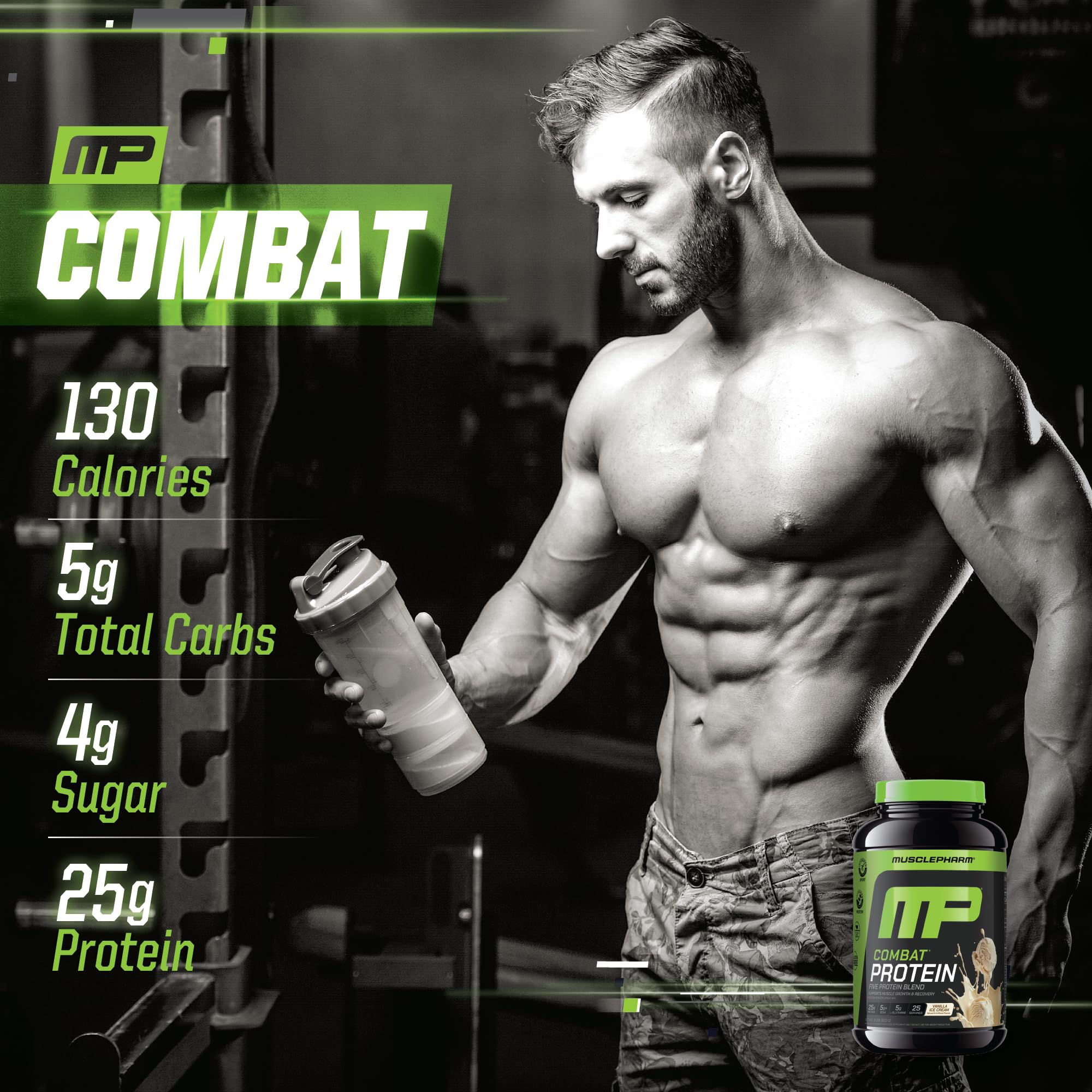 Etiqueta nutricional clara de MusclePharm Combat Protein para planificar ingestas.