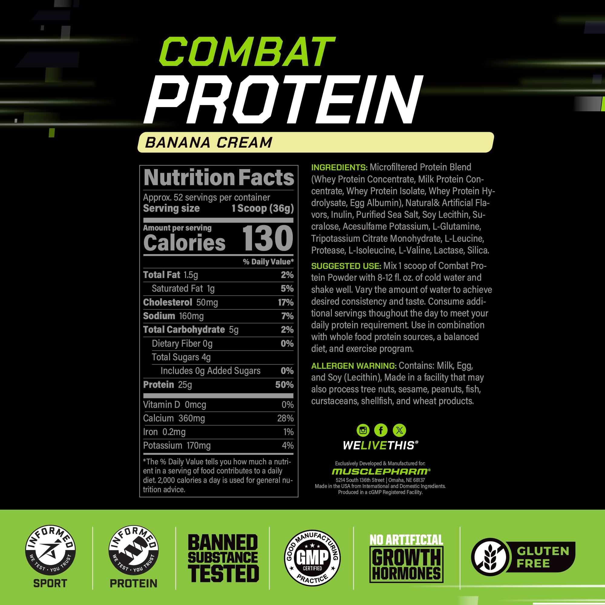 Mezcla post-entrenamiento lista para beber con MusclePharm Combat Protein.