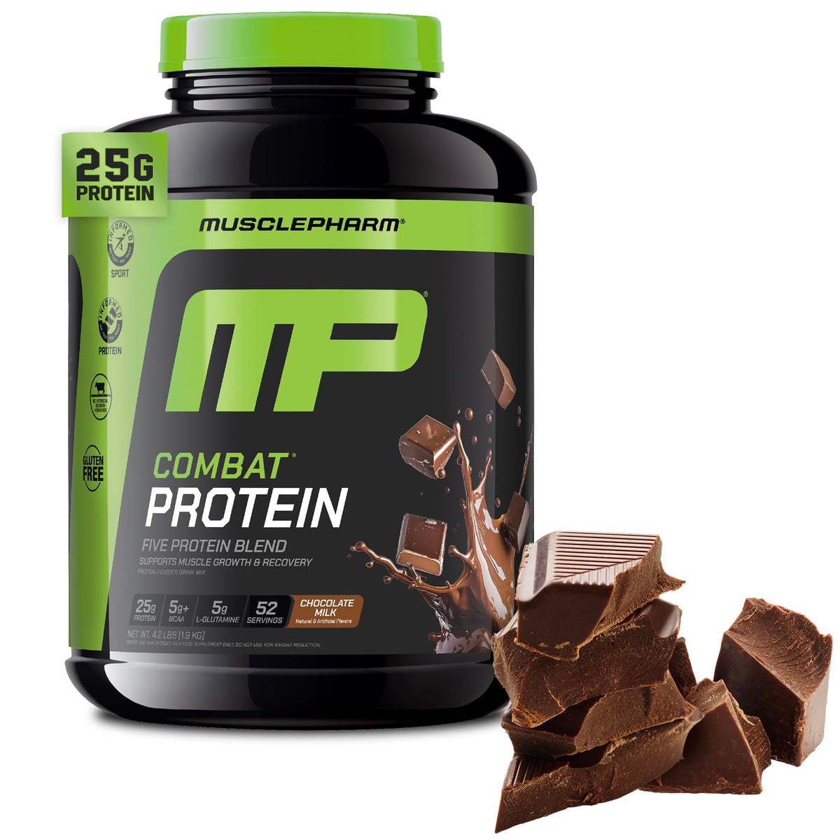 MusclePharm Combat Protein Powder en polvo sabor chocolate con leche para recuperación muscular.