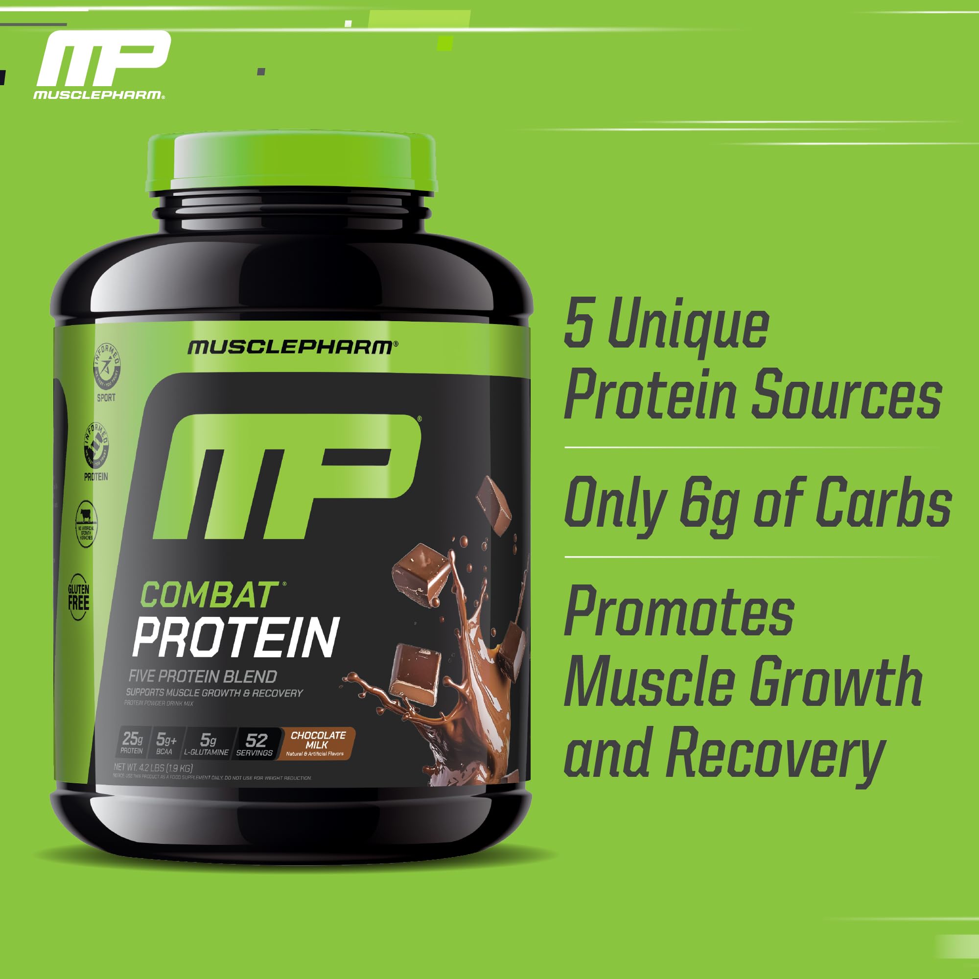 Proteína de cinco fuentes en MusclePharm Combat Protein para nutrición variada.