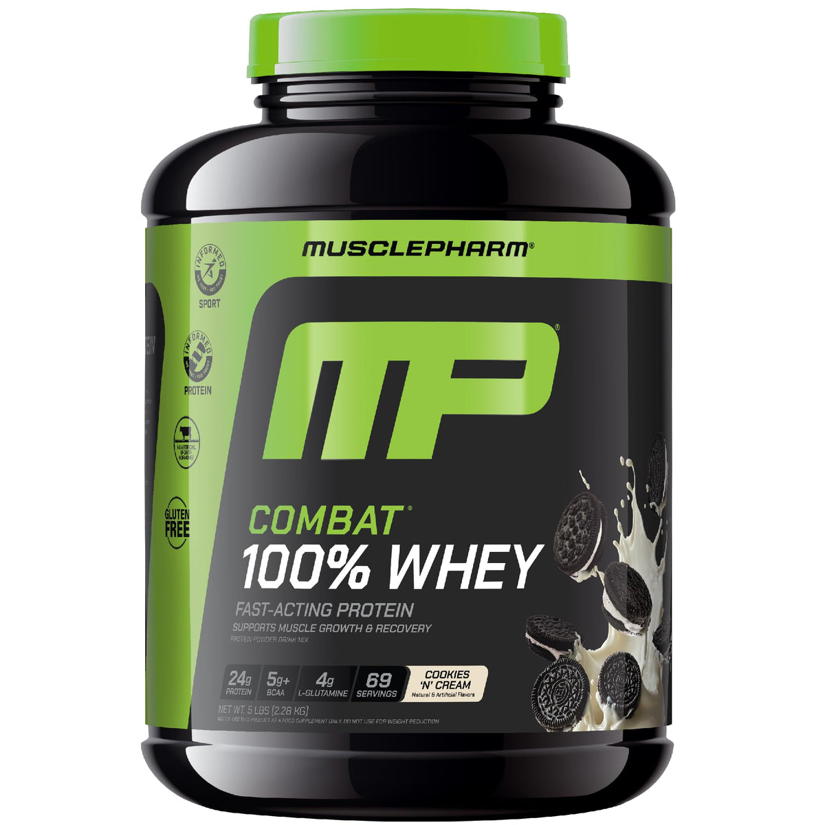 MusclePharm Combat envase sabor galleta crema, ideal para post-entreno.