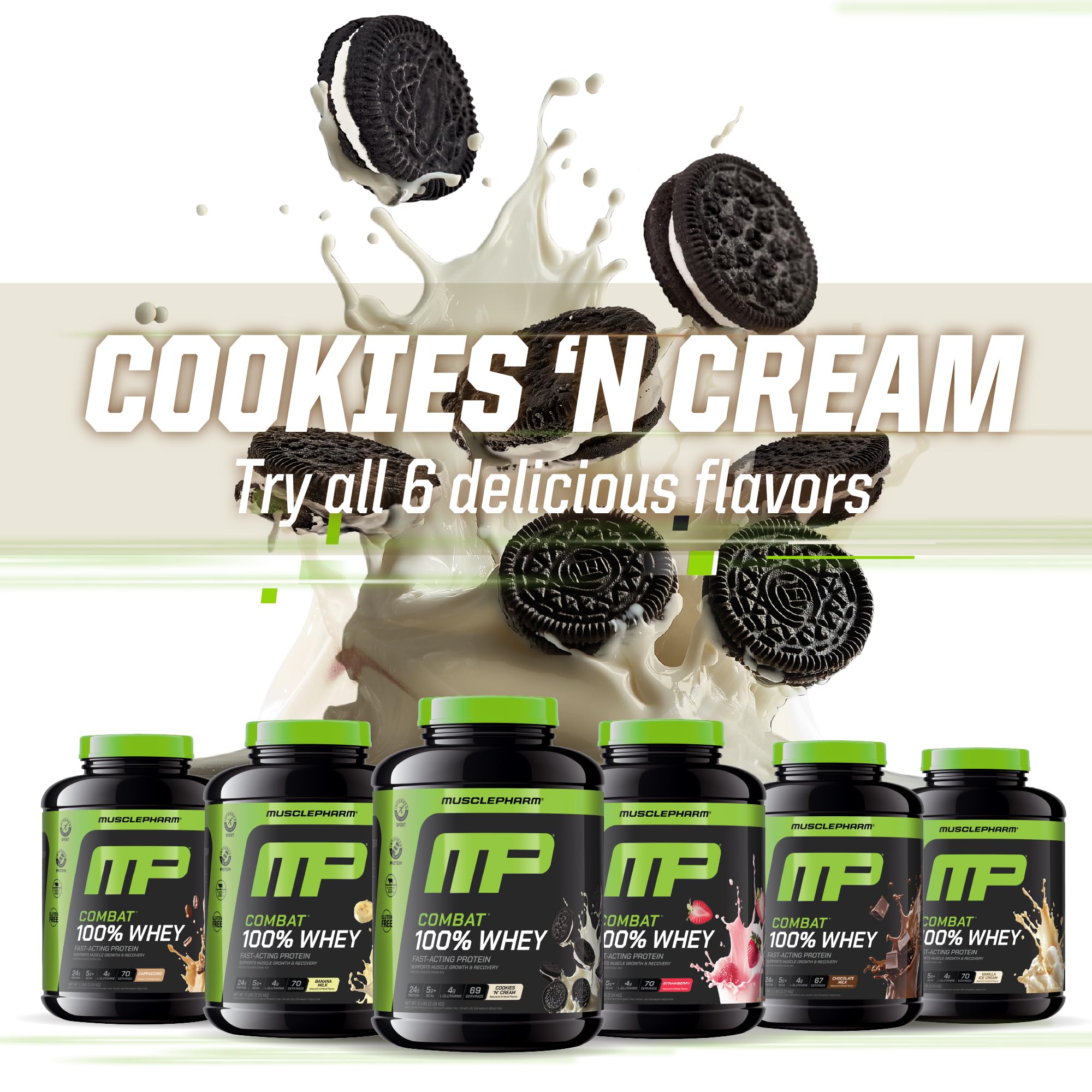 MusclePharm Combat, sabor galleta crema para momento de indulgencia saludable.