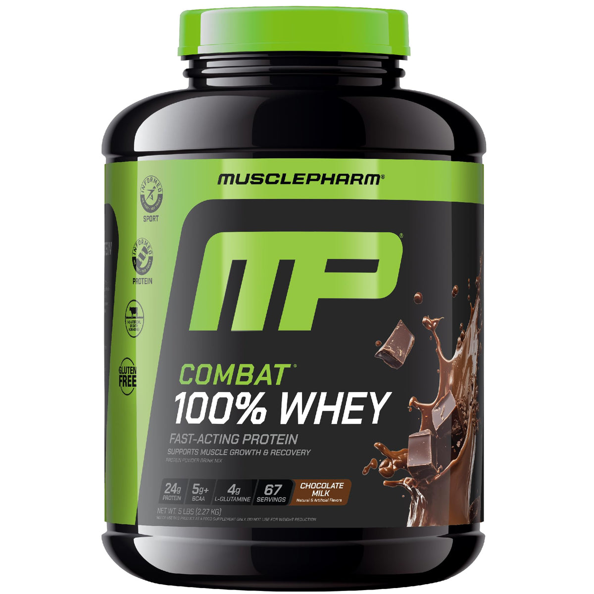 MusclePharm Combat 100% Whey chocolate en bote de 5 lb para recuperación muscular
