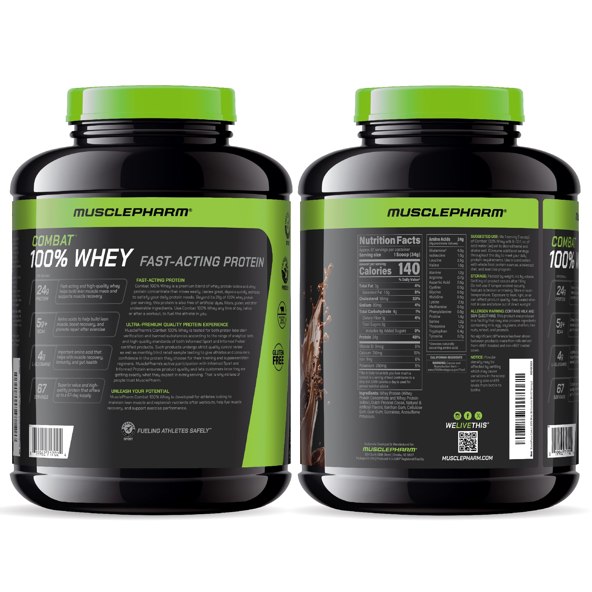 Envase y etiqueta MusclePharm Combat 100% Whey Chocolate para control de ingredientes