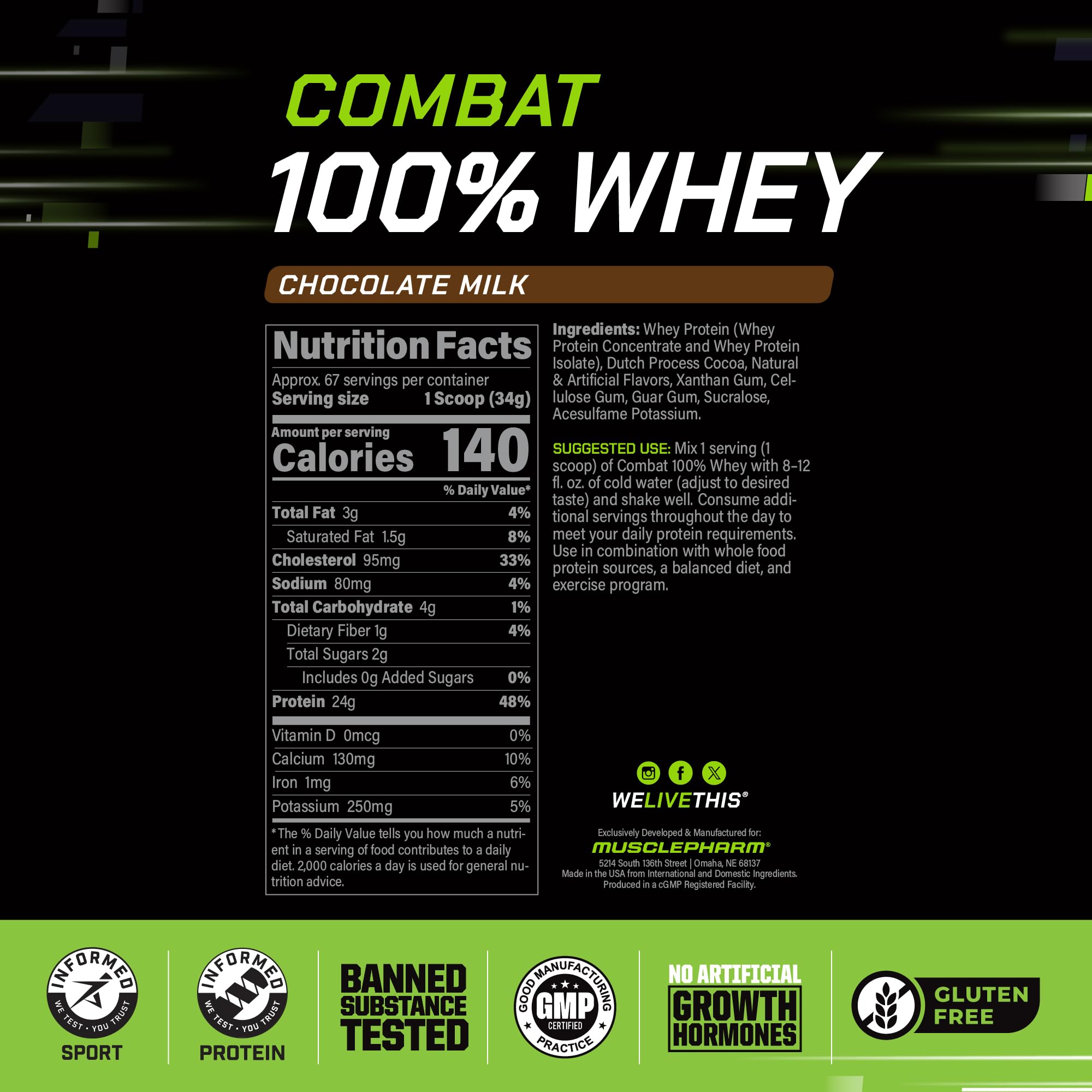 Batido pre-entrenamiento MusclePharm Combat con sabor chocolate para energía rápida