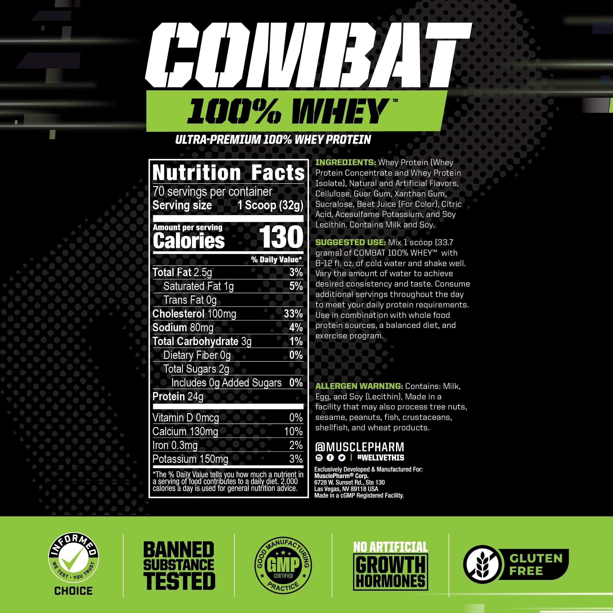 MusclePharm Combat Whey batido rápido de mezcla suave para entreno intenso