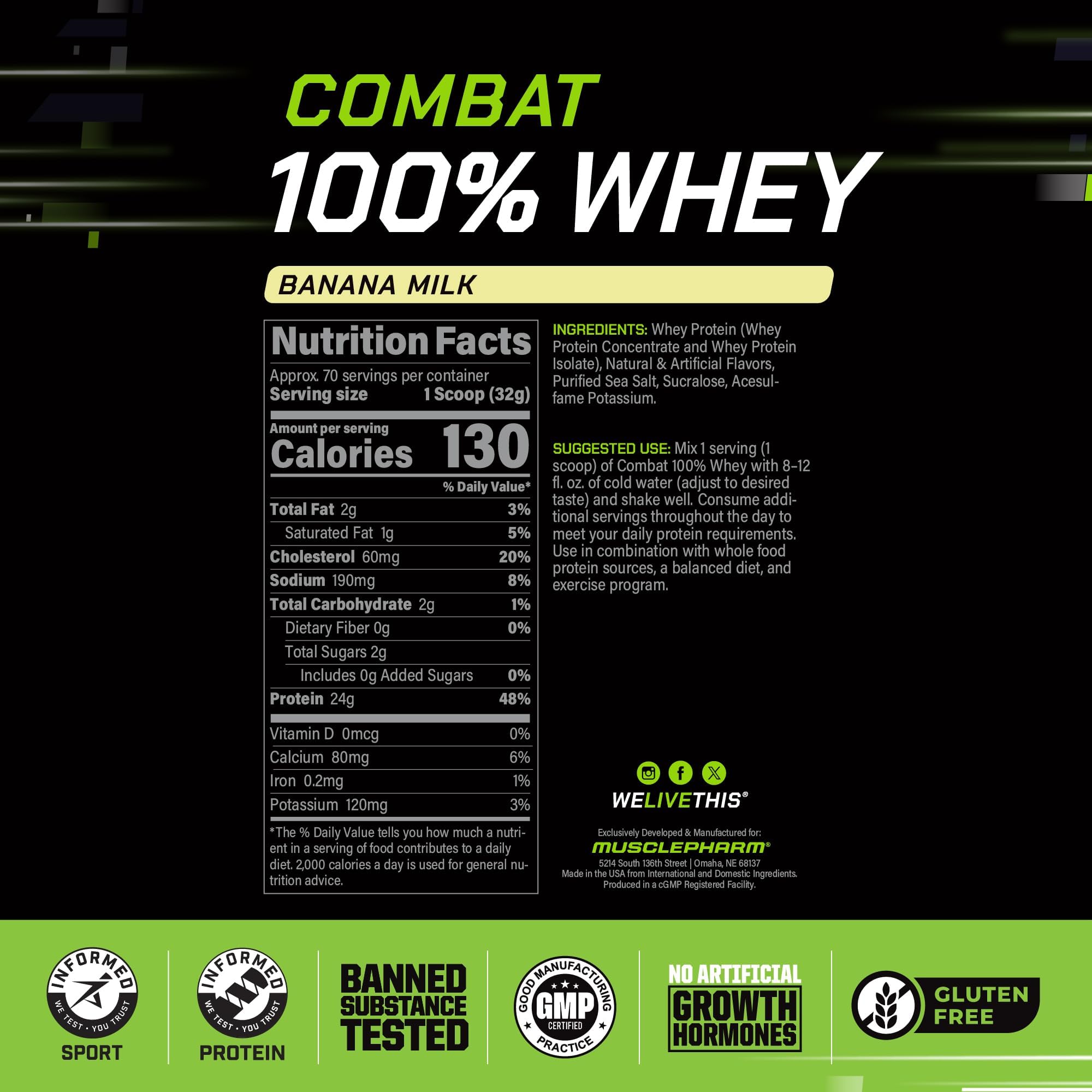MusclePharm Combat Whey platano, lata abierta para batidos rapidos y cremosos