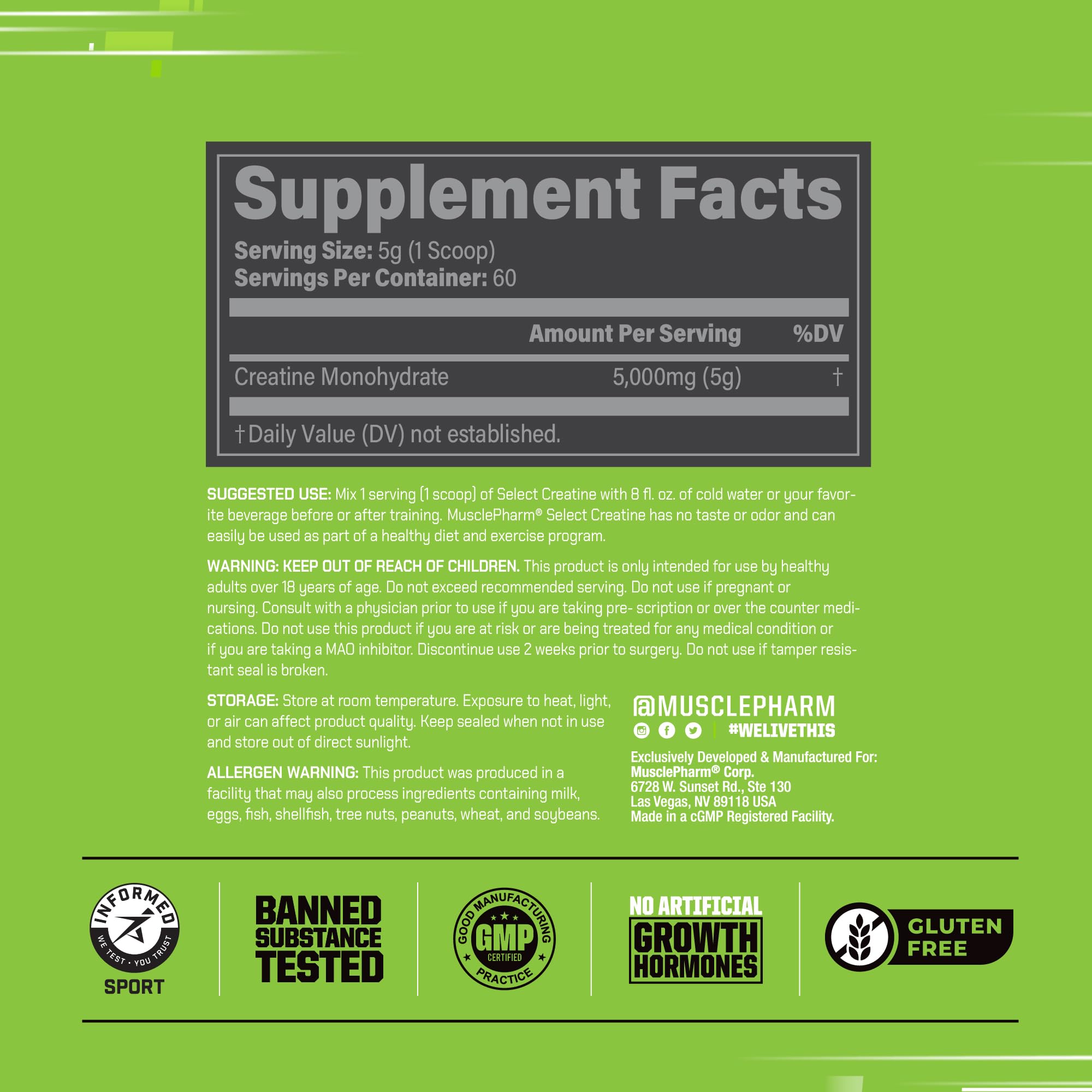 MusclePharm Creatine Monohydrate dosis de 5 g para rendimiento