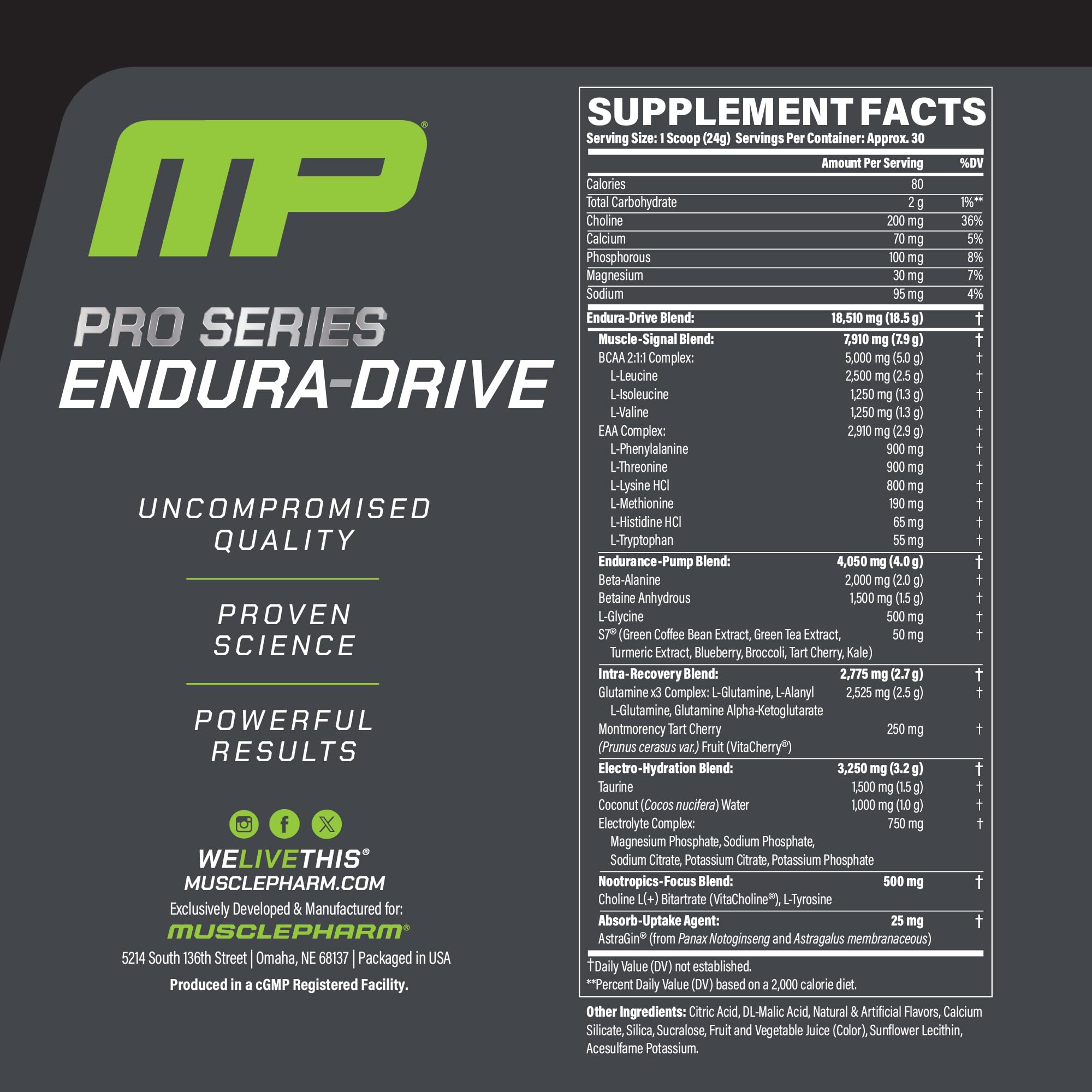 MusclePharm Endura-Drive: etiqueta frontal para identificar sabor Cereza-Lima