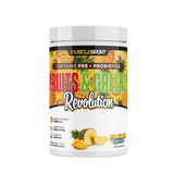 Musclesport Frutas y Verdes, polvo verde en taza, apoyo digestivo suave para el día.