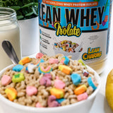 MuscleSport Lean Whey Revolution, textura de polvo suave, fácil disolución en batidos cremosos.