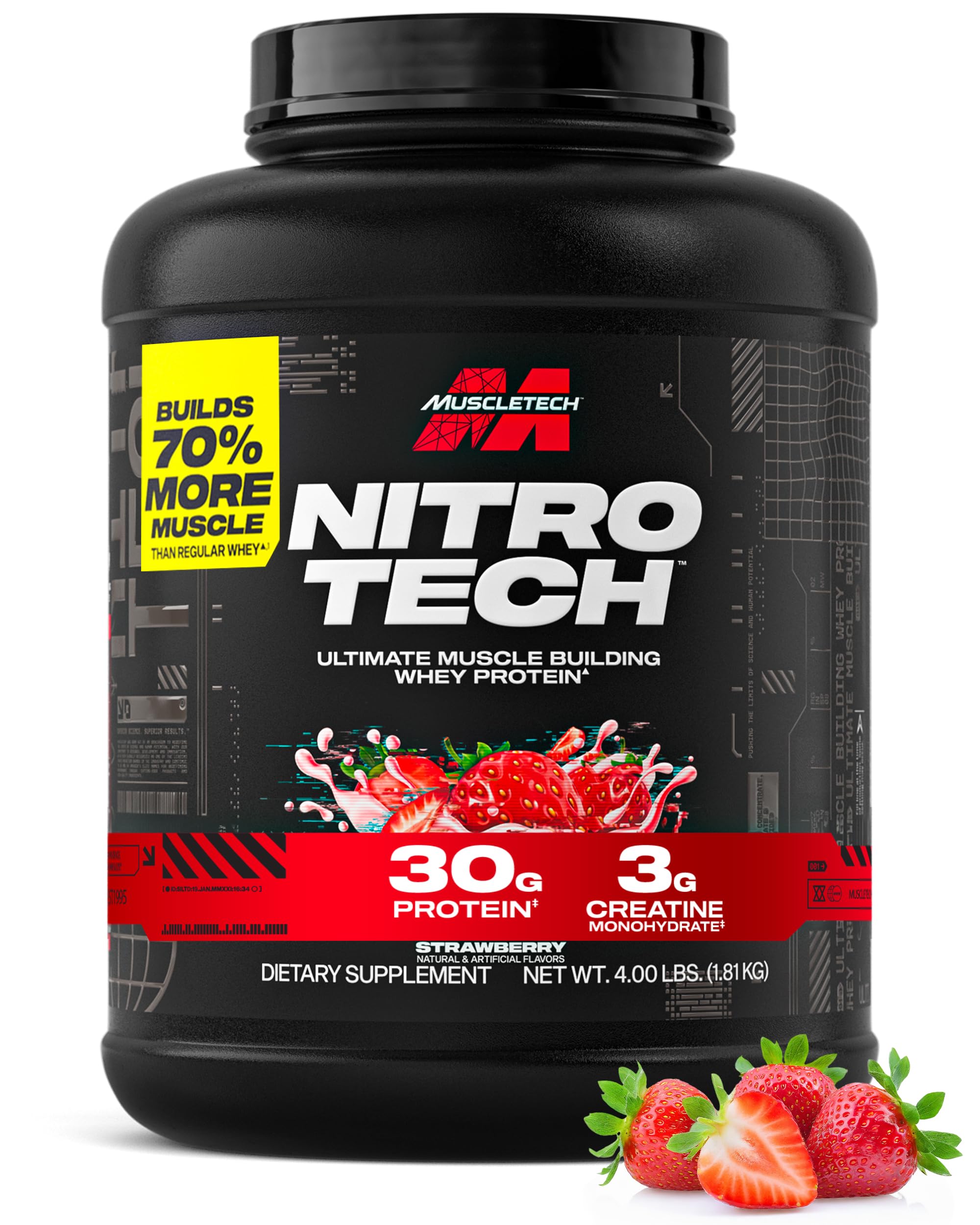 Nitro-Tech MuscleTech proteina de suero sabor fresa en envase para construcción muscular