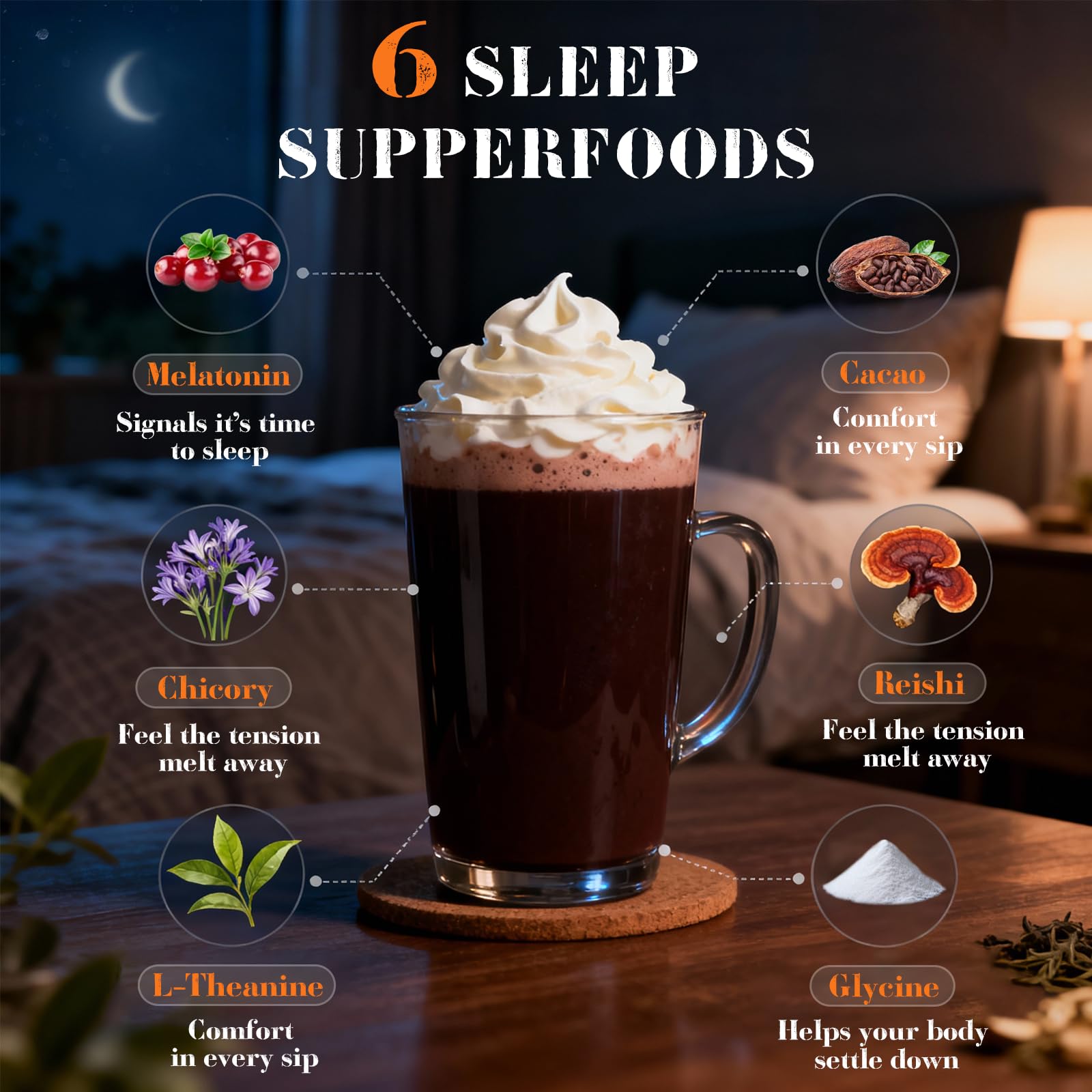 Mushdoze mezcla seis ingredientes: apoyo para relajacion durante la noche