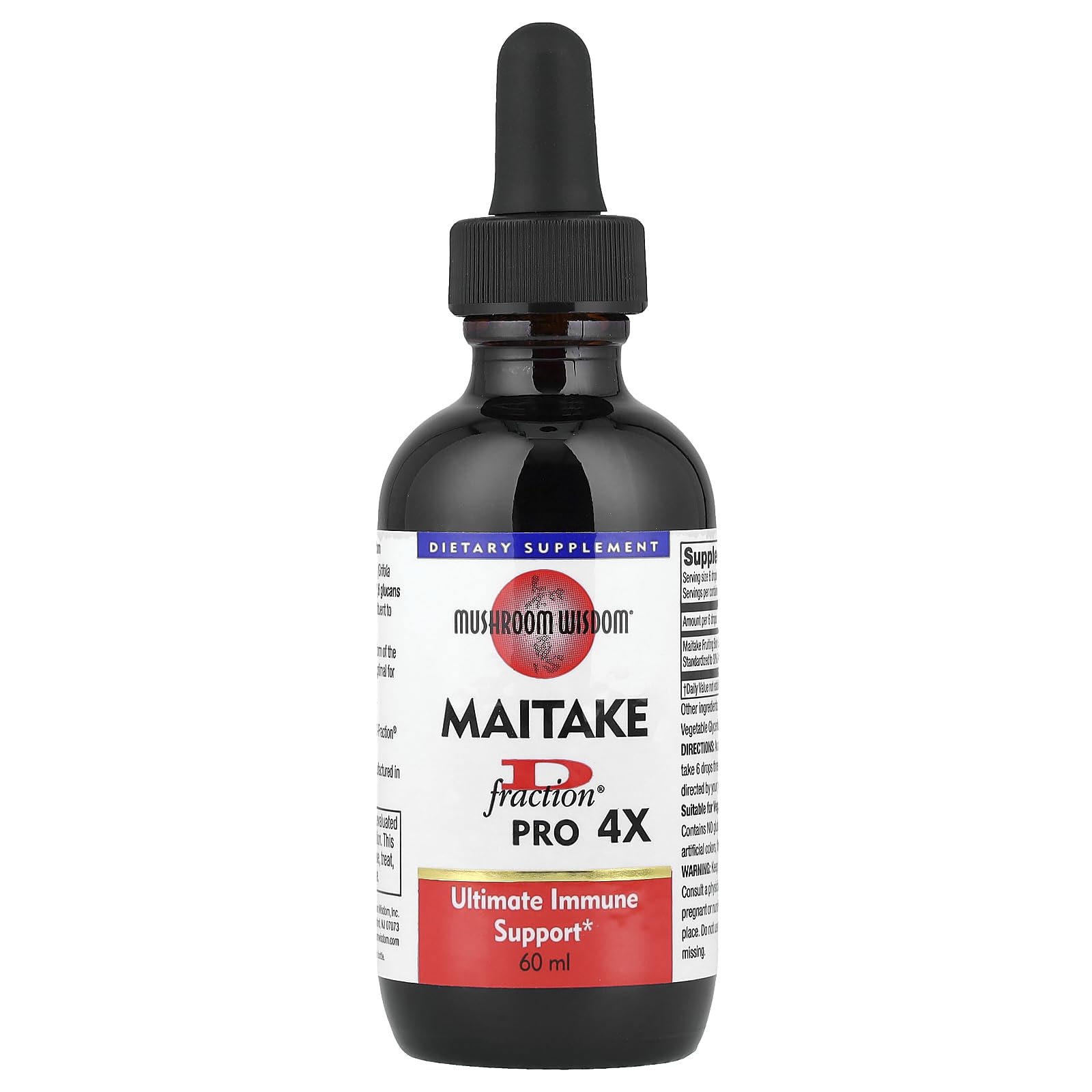Mushroom Wisdom Maitake D Fraction Pro: botella para uso diario de tinctura.