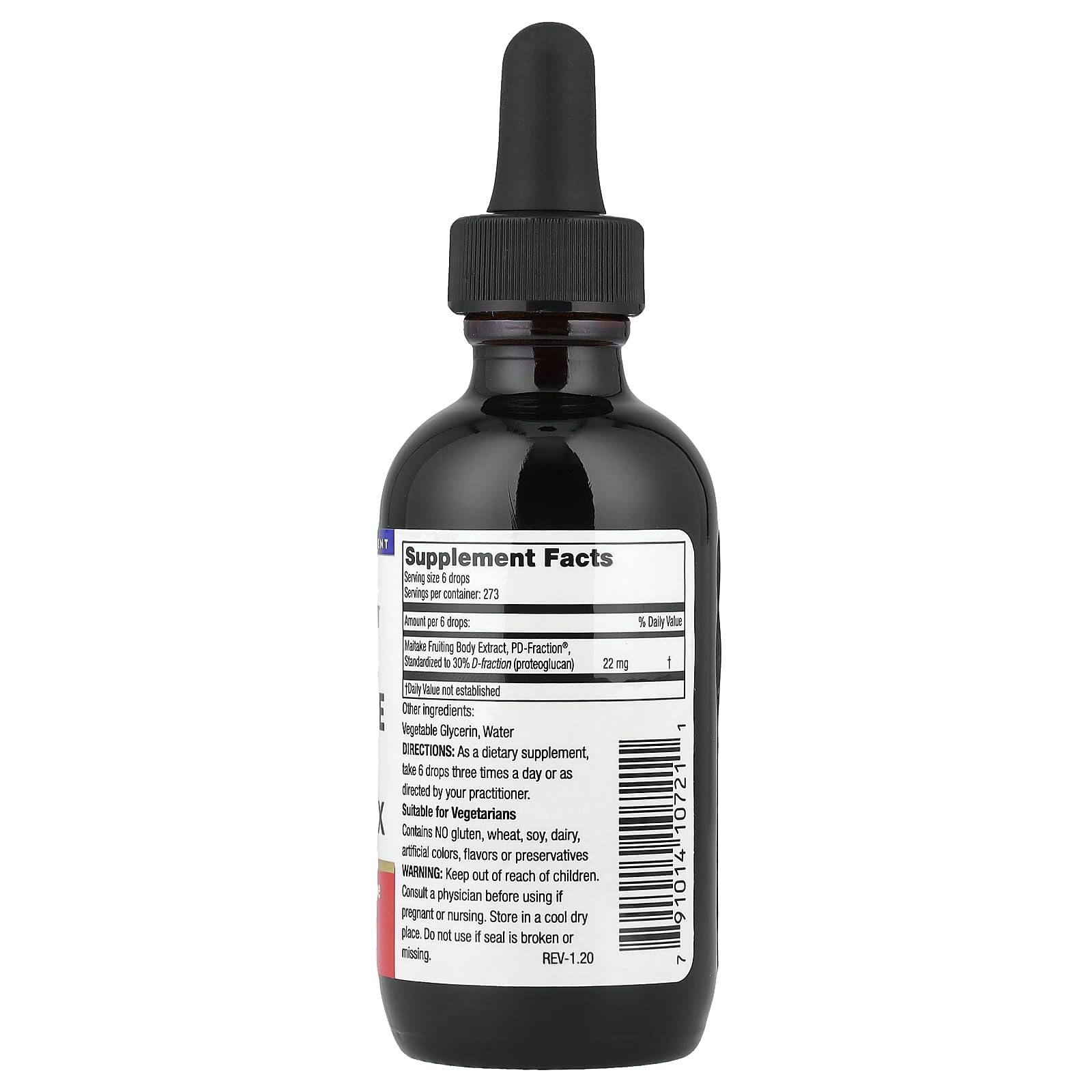Mushroom Wisdom Maitake D Fraction Pro: etiqueta informativa con beneficios potenciales.