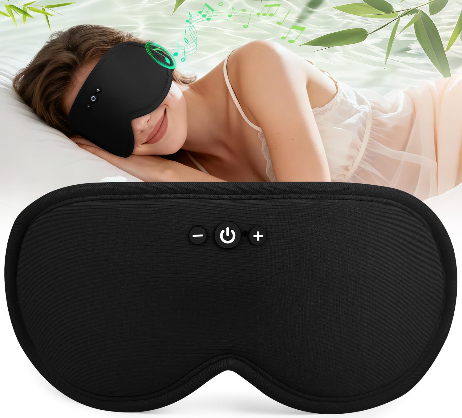 Musicozy mascarilla de sueño de bambú, vista frontal, comodidad fresca para dormir.