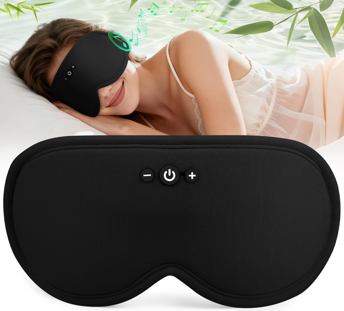 Musicozy mascarilla de sueño de bambú, vista frontal, comodidad fresca para dormir.