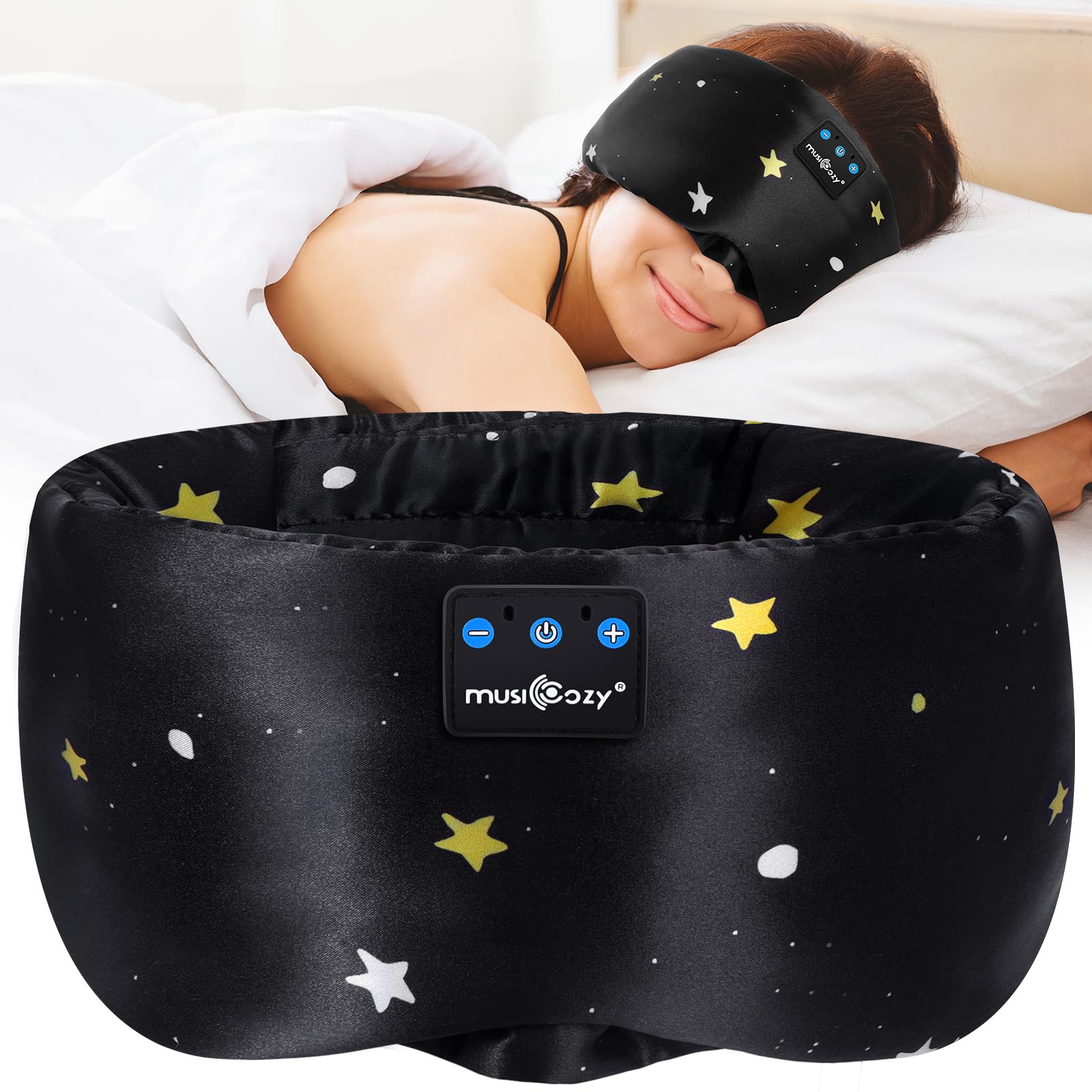 Mascarilla MUSICOZY de seda morera para dormir suave y cómodo.