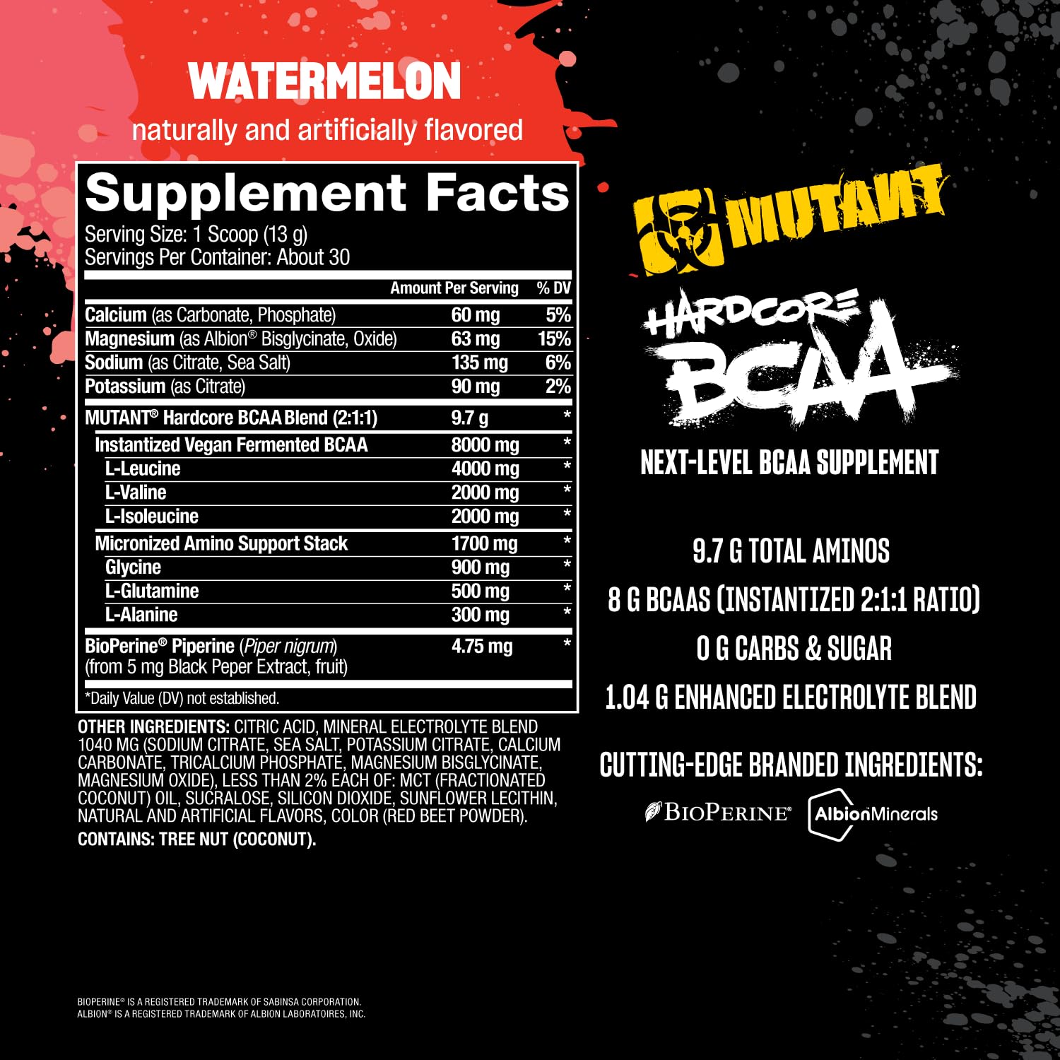 Etiqueta de Mutant Hardcore BCAA con información clara