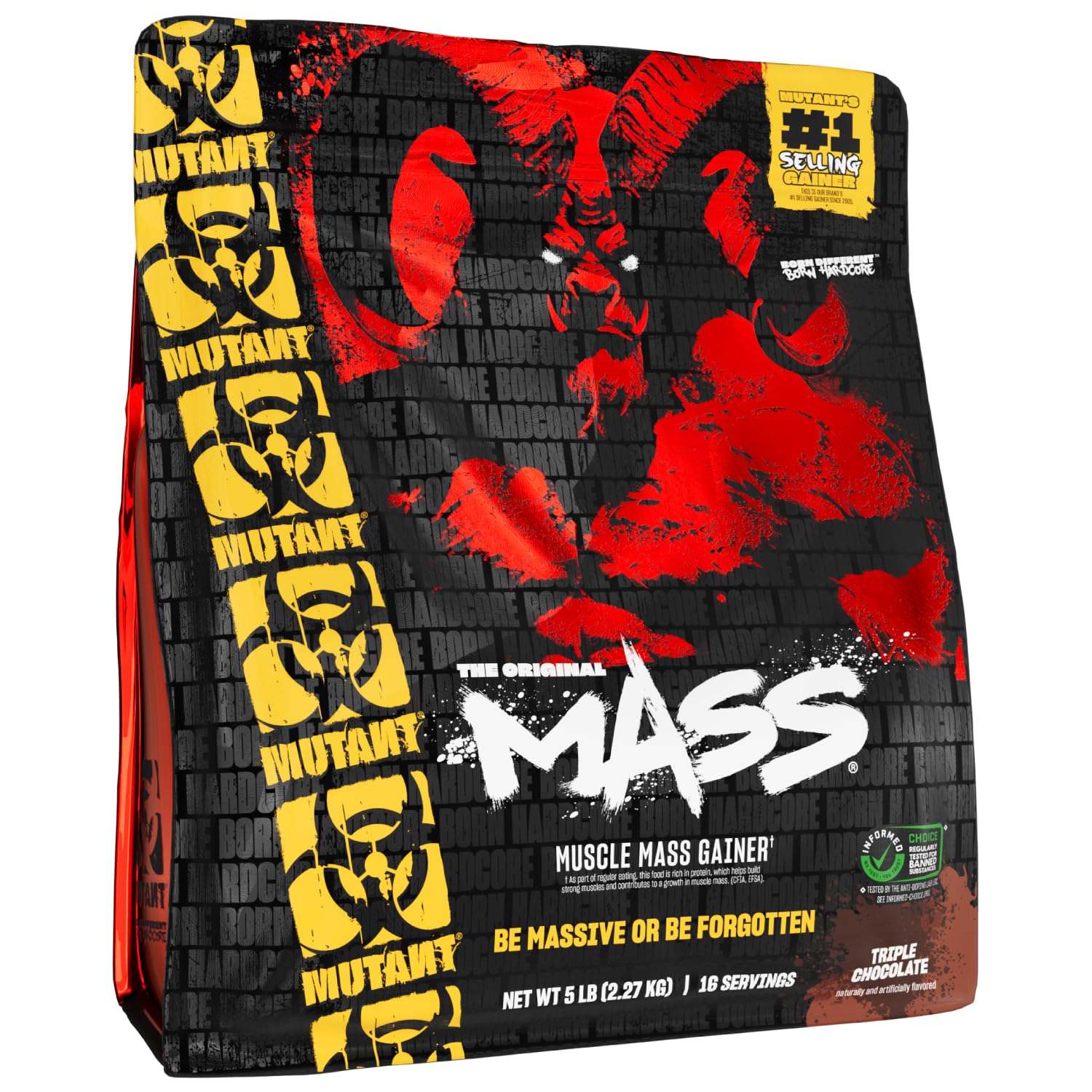 Mutant Mass, envase de 5 lb para ganancia muscular, fácil de almacenar.