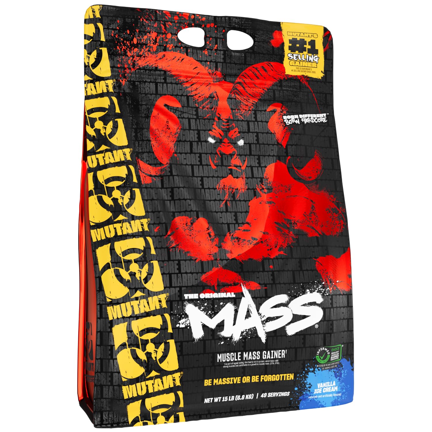 Mutant Mass envase frontal, mostrando la presentación y porciones para ganancia de masa