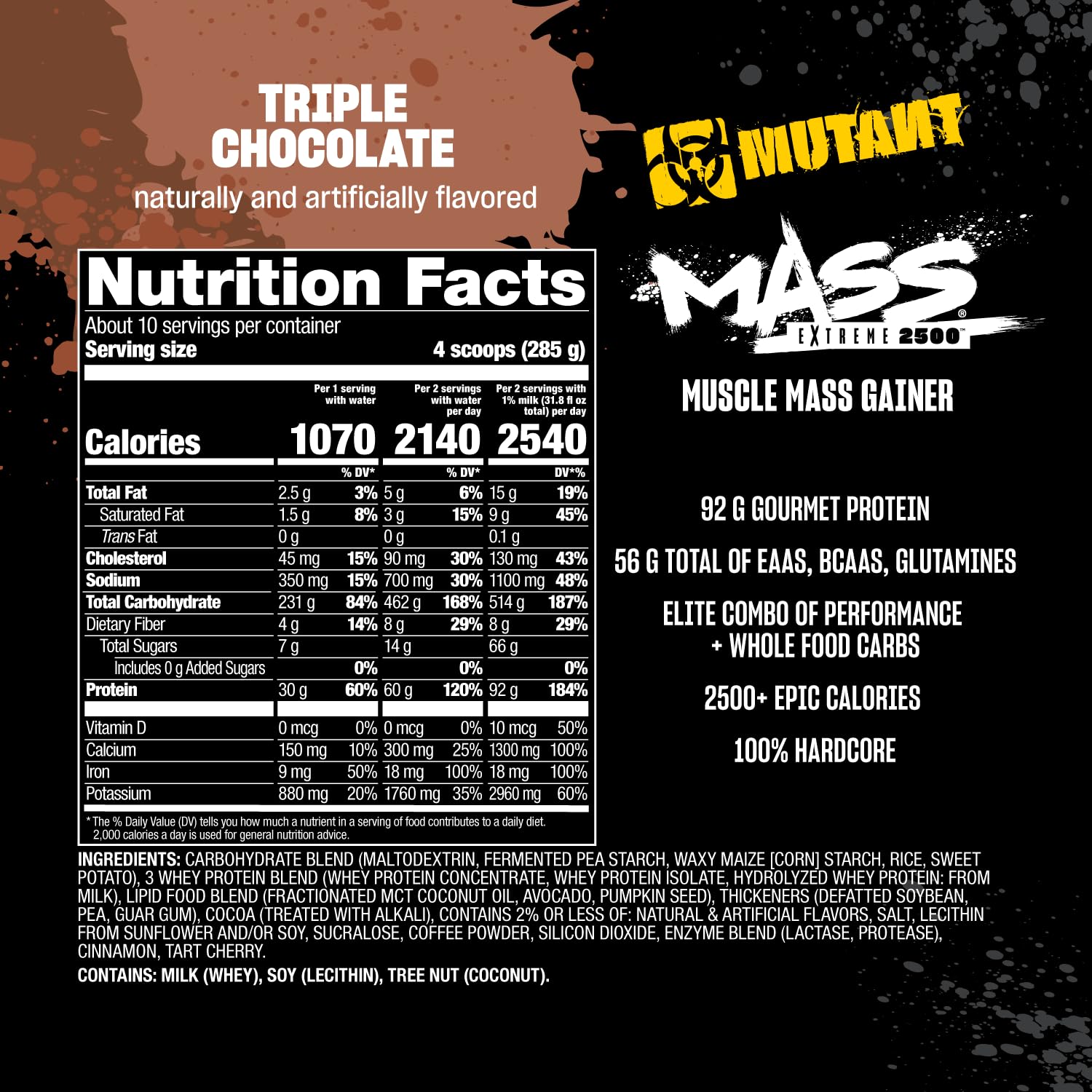 Mutant Mass Extreme 2500: carbohidratos complejos de fuentes reales para energía duradera.
