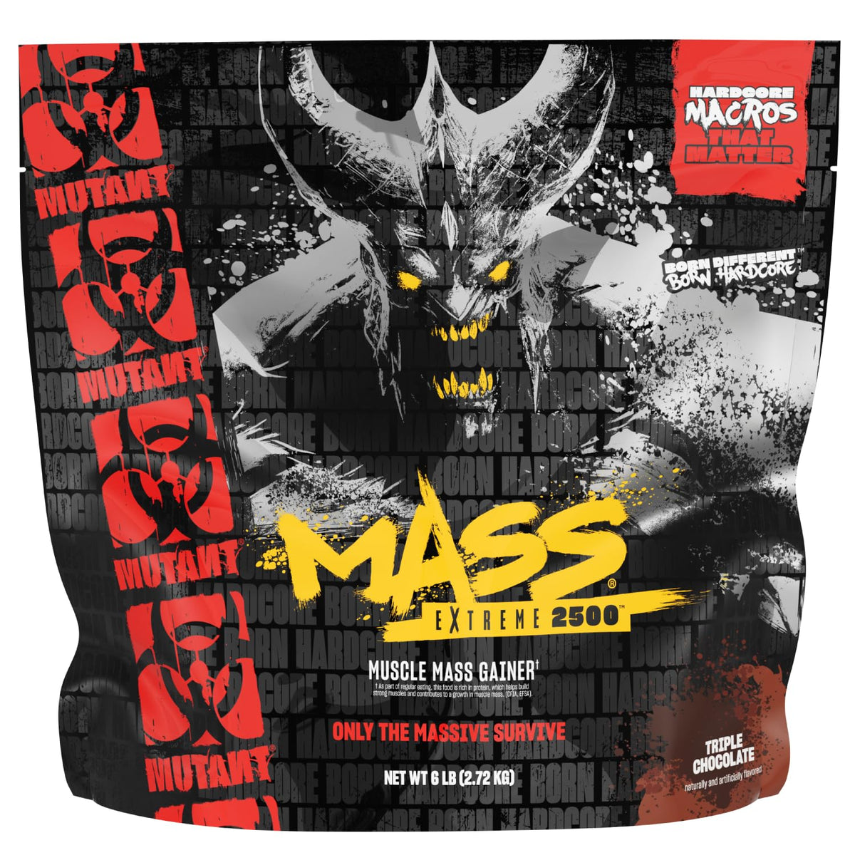 Mutant Mass Extreme 2500: empaque visible para almacenamiento cómodo y práctico.